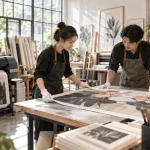 Nghệ nhân kiểm tra bản in tranh tại xưởng