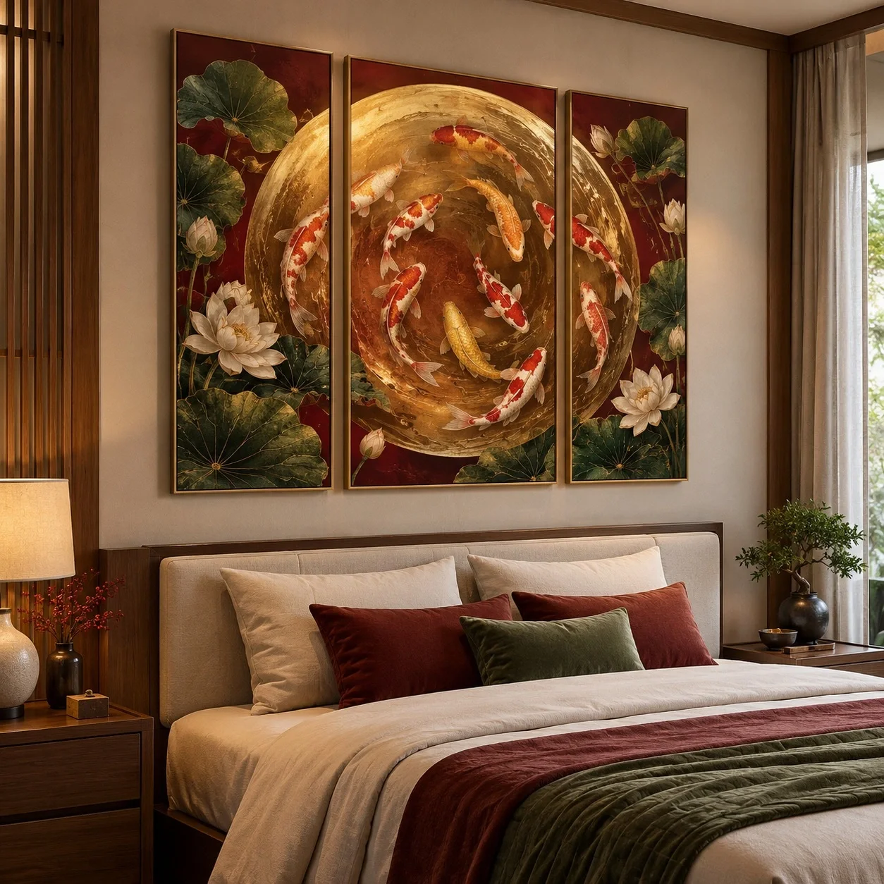 Khung ảnh dán tường Cửu ngư quần hội Đường Nét Đương Đại Bộ 3 tấm - phòng ngủ