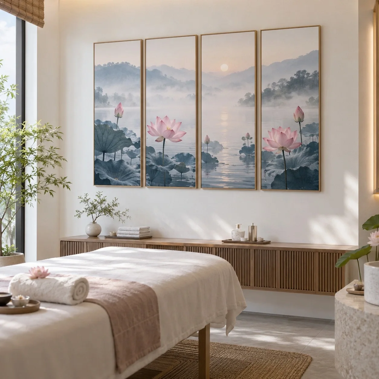 Khung ảnh dán tường Hoa sen Phong Cách Tối Giản Bộ 4 tấm - spa hoặc thẩm mỹ viện