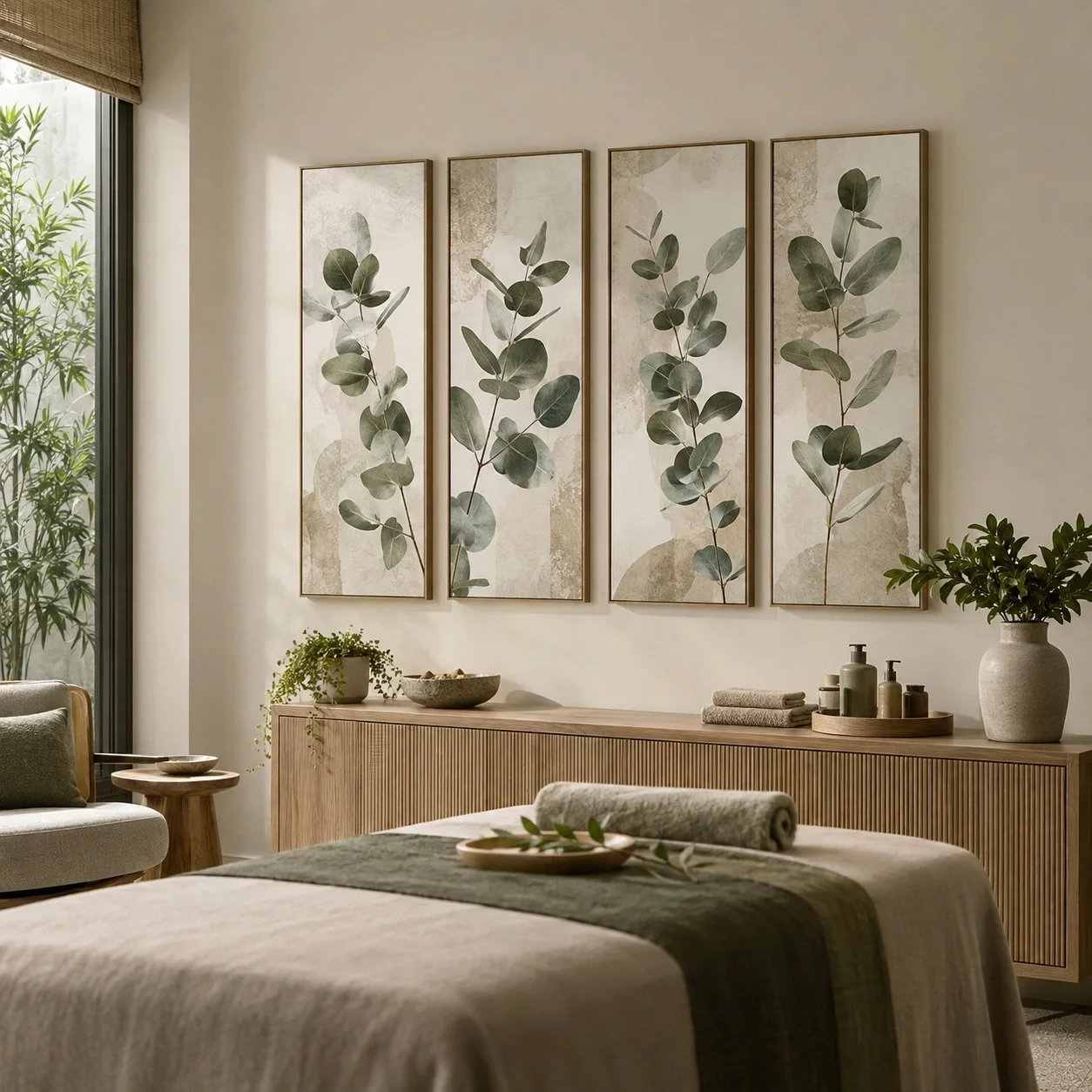 Khung ảnh dán tường Lá cây Tông Màu Trung Tính Bộ 4 tấm - spa hoặc thẩm mỹ viện