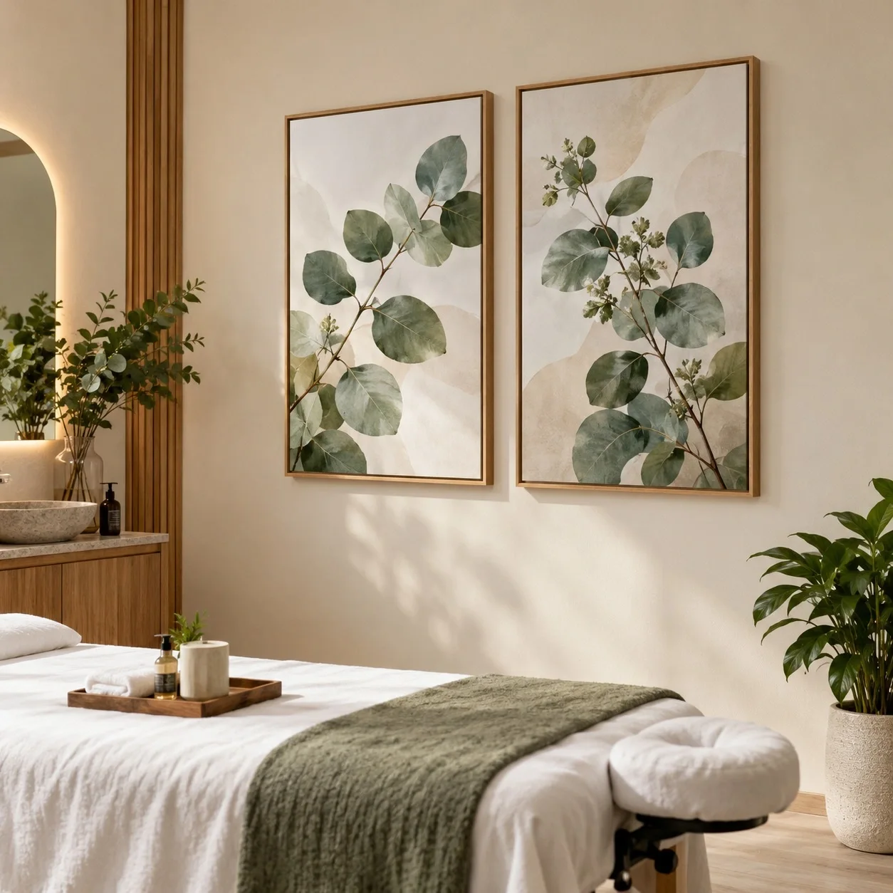 Khung ảnh dán tường Mảng Xanh Bạch Đàn Bộ 2 tấm - spa hoặc thẩm mỹ viện