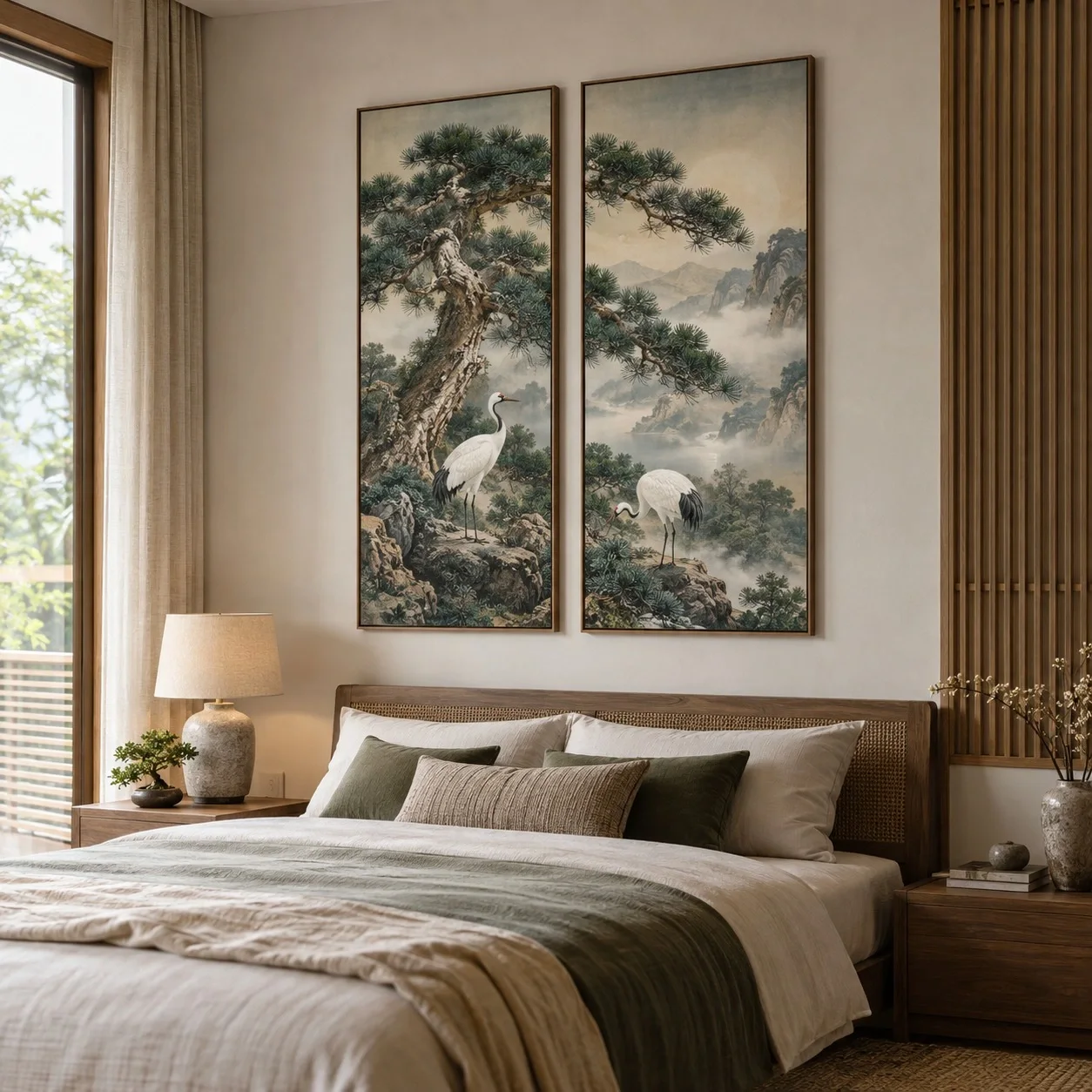 Khung ảnh dán tường Tùng hạc diên niên Đường Nét Đương Đại Bộ 2 tấm - phòng ngủ