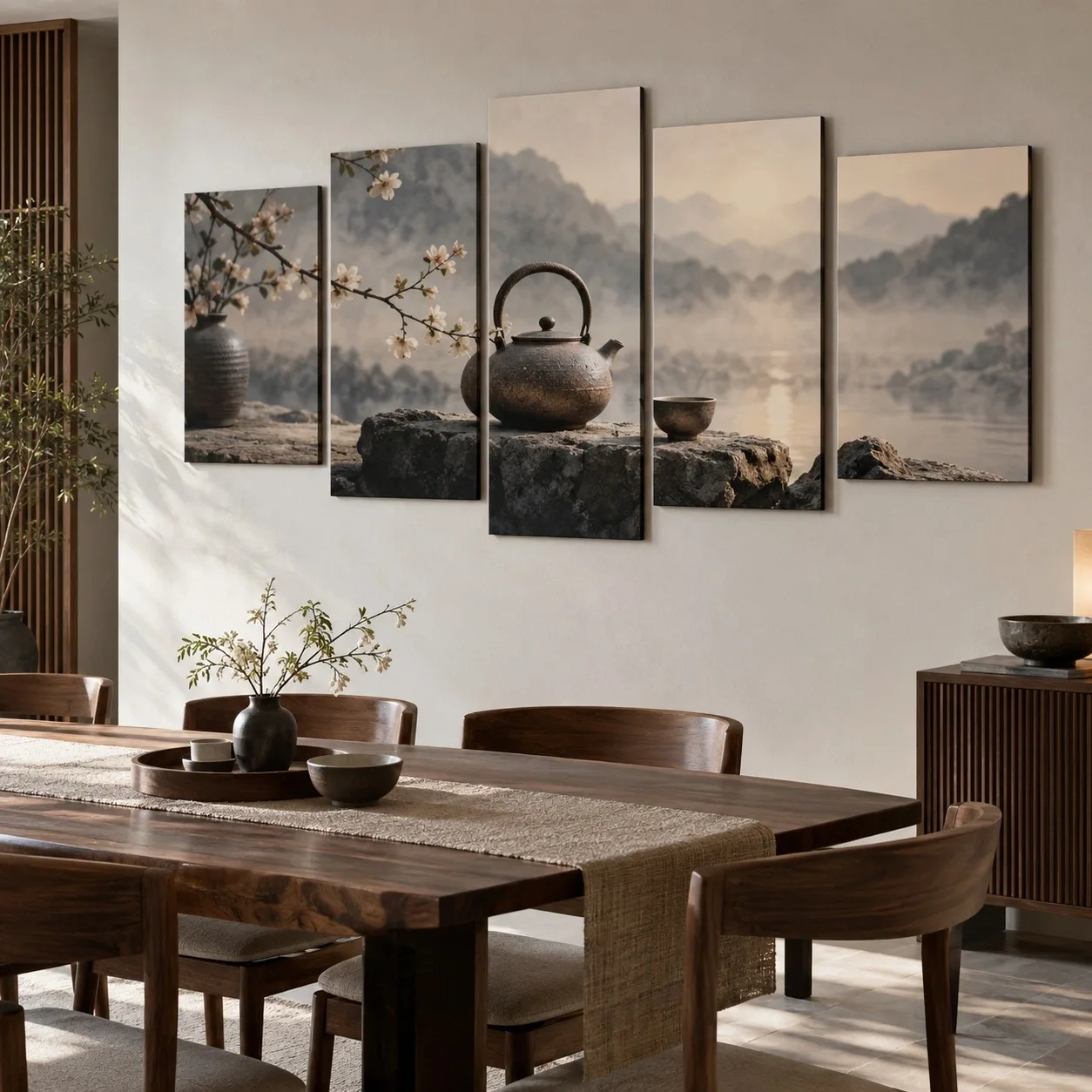 Tranh canvas Ấm Trà Trong Sương Bộ 5 tấm - phòng ăn