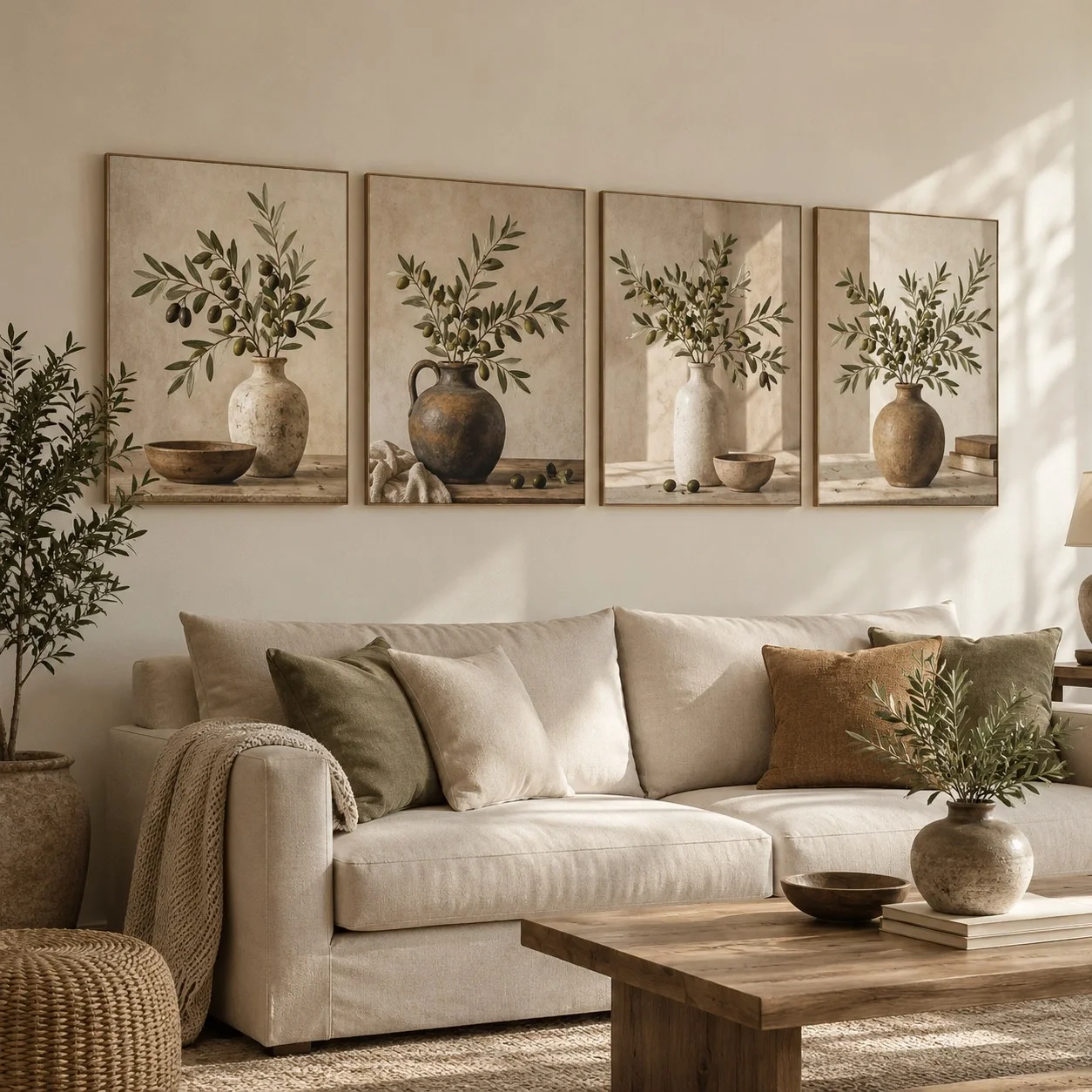 Tranh canvas Bình Gốm Và Cành Ô Liu Bộ 4 tấm - phòng khách