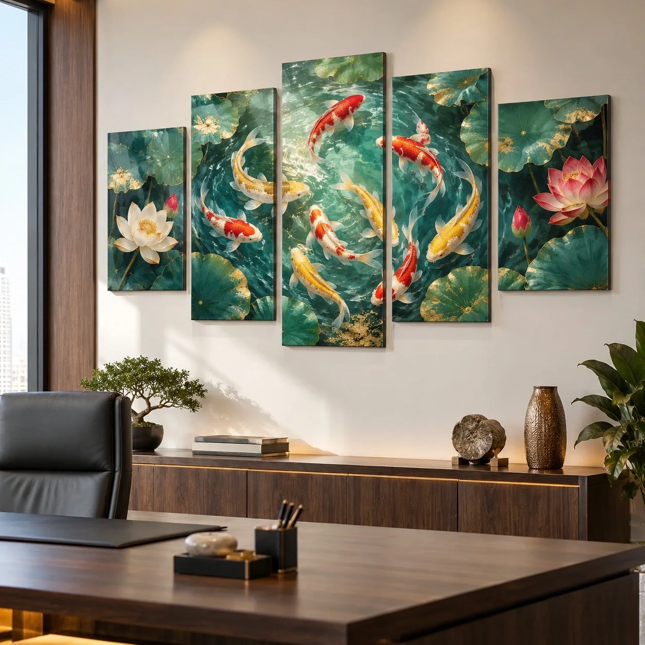 Tranh canvas Cá Koi Đường Nét Đương Đại Bộ 5 tấm - văn phòng doanh nghiệp