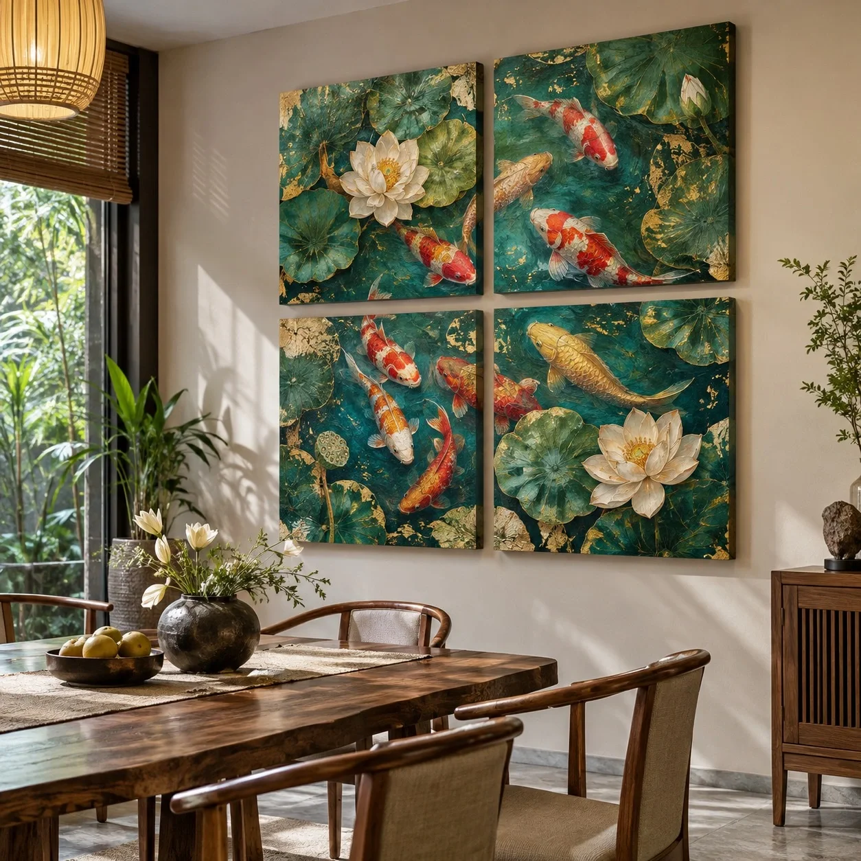 Tranh canvas Cá Koi Sắc Màu Khoáng Chất Bộ 4 tấm - phòng ăn