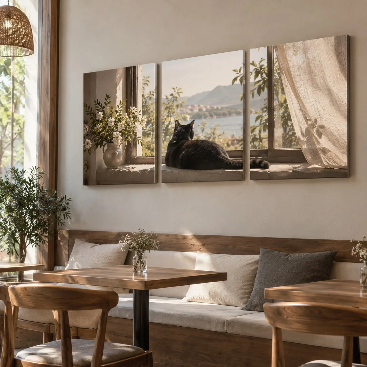 Tranh canvas Con mèo Cảm Hứng Thiên Nhiên Bộ 3 tấm - quán cà phê hoặc trà sữa
