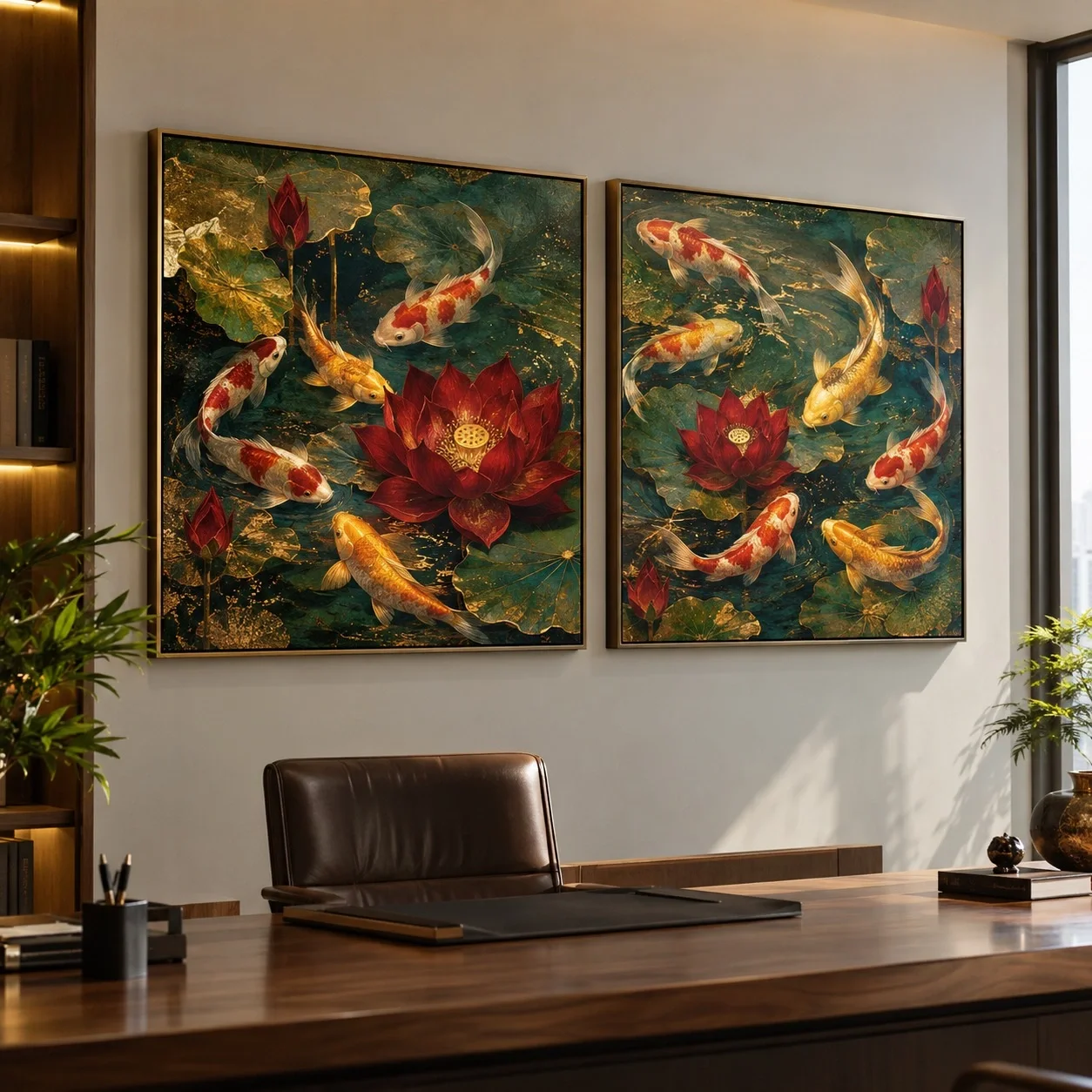 Tranh canvas Cửu Ngư Hồng Liên Bộ 2 tấm - văn phòng doanh nghiệp