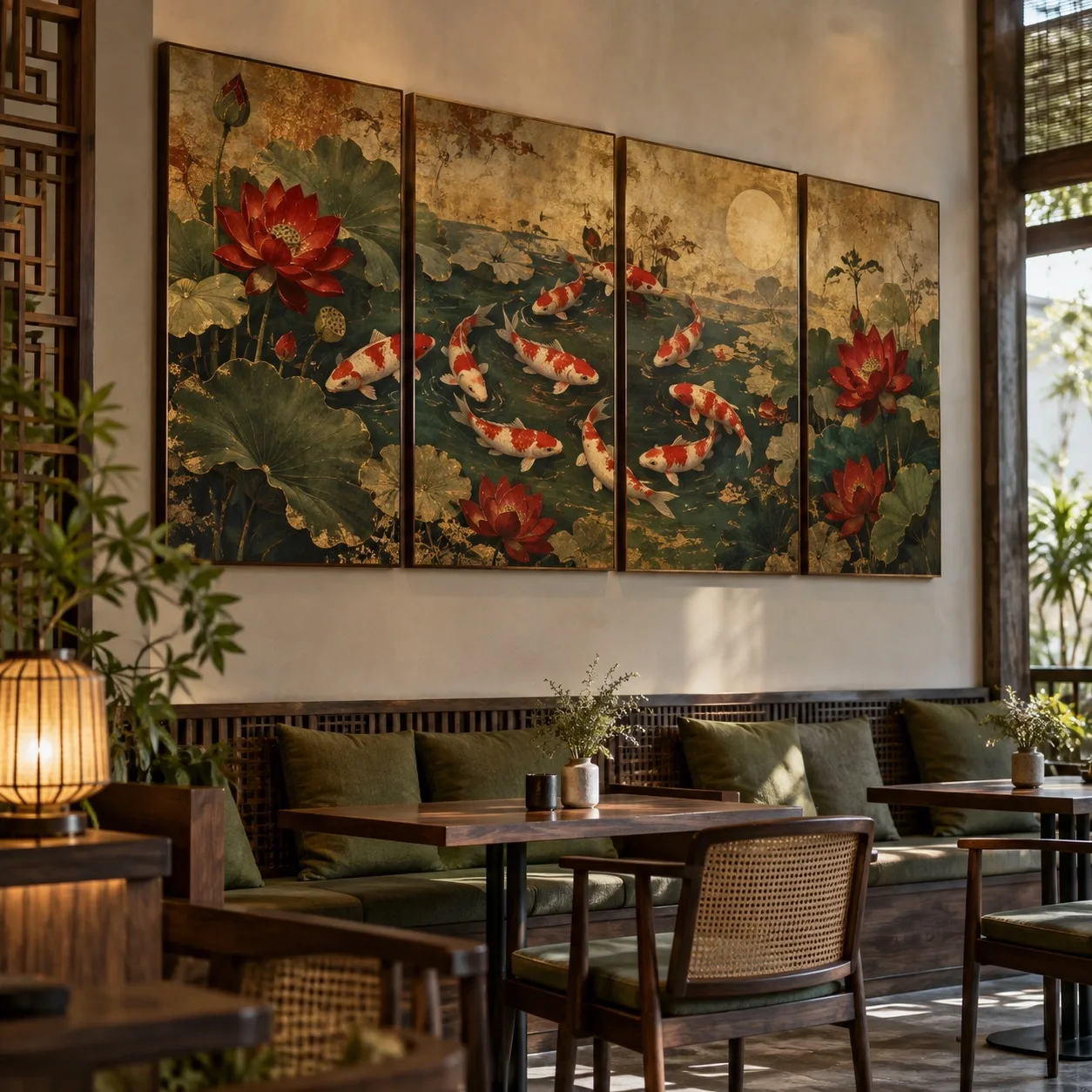 Tranh canvas Cửu ngư quần hội Gam Màu Cổ Điển Bộ 4 tấm - quán cà phê hoặc trà sữa
