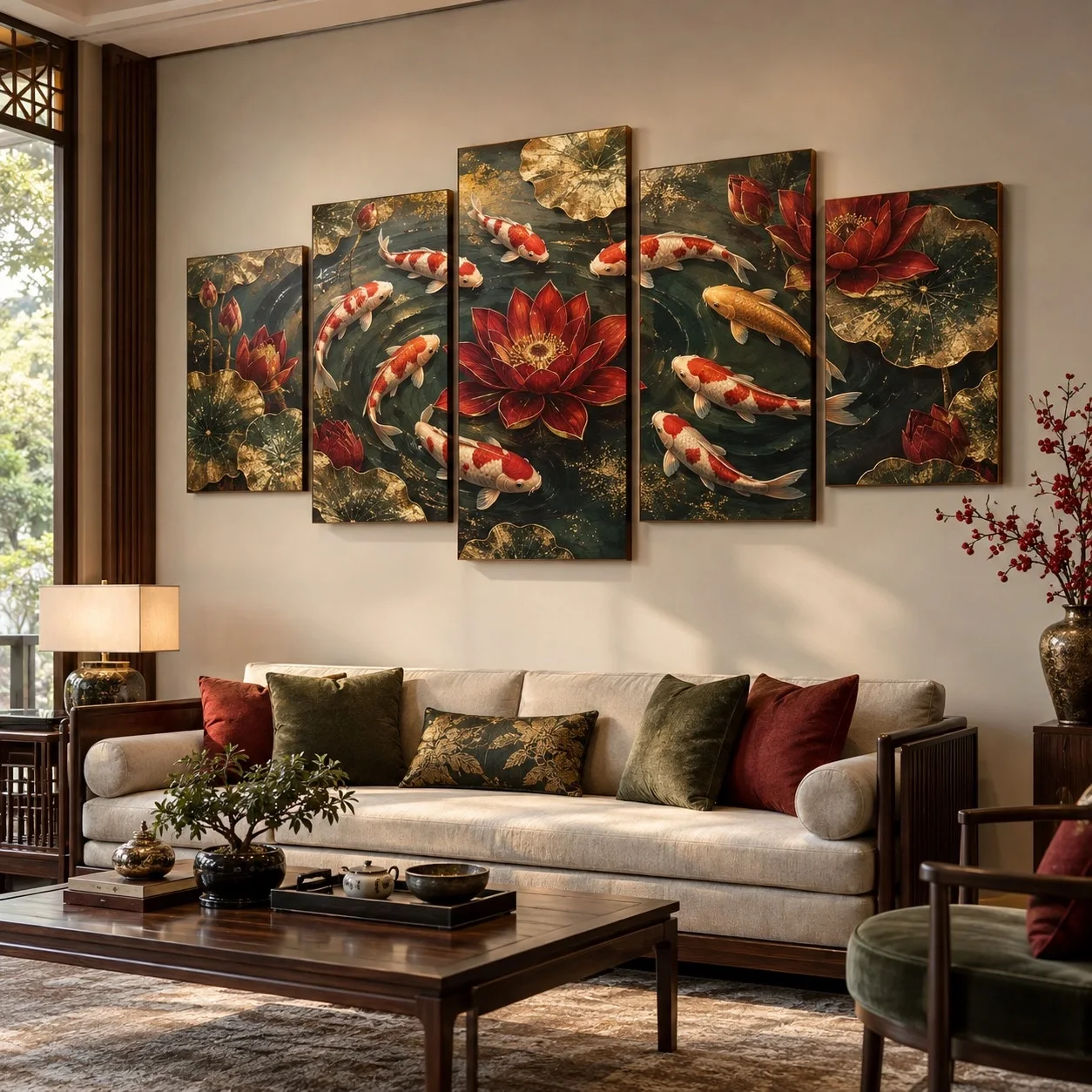 Tranh canvas Cửu ngư quần hội Phiên Bản Sang Trọng Bộ 5 tấm - phòng khách