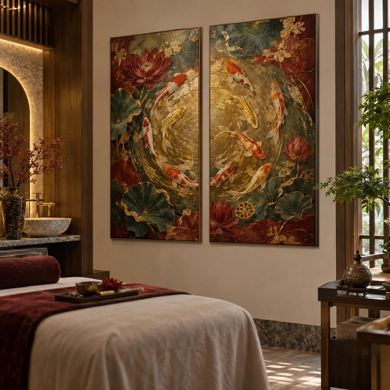 Tranh canvas Cửu ngư quần hội Sắc Màu Khoáng Chất Bộ 2 tấm - spa hoặc thẩm mỹ viện
