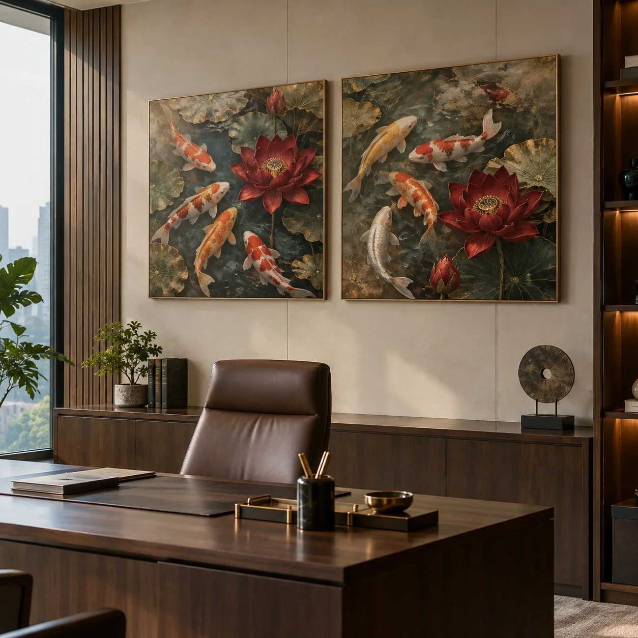 Tranh canvas Cửu ngư quần hội Tông Màu Trung Tính Bộ 2 tấm - văn phòng doanh nghiệp