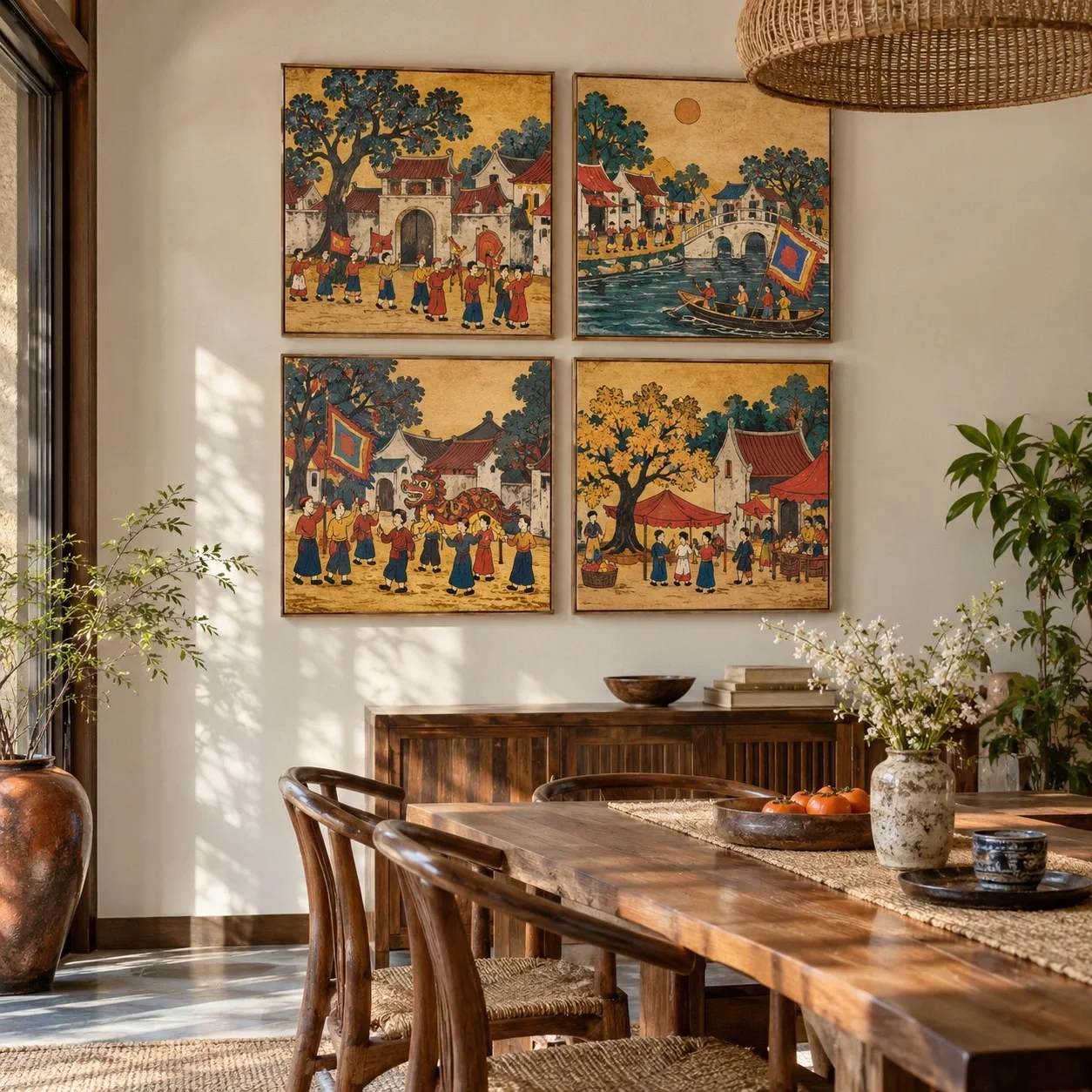 Tranh canvas Dân gian Đông Hồ Đường Nét Đương Đại Bộ 4 tấm - phòng ăn