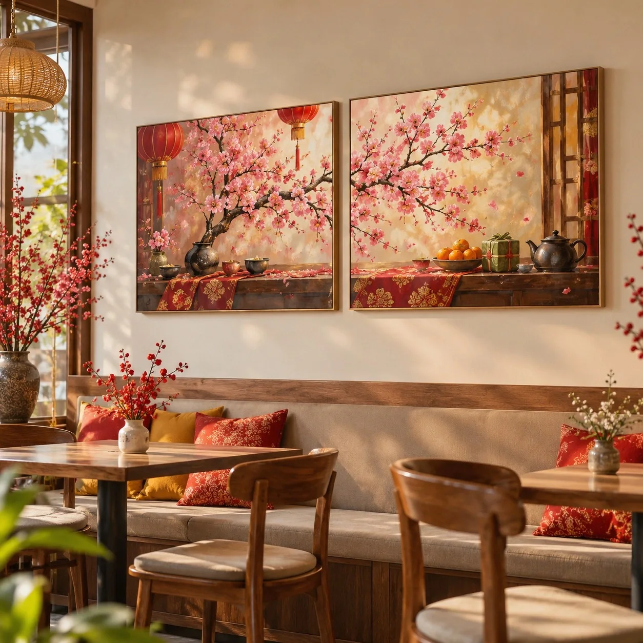 Tranh canvas Đào Hồng Đón Xuân Bộ 2 tấm - quán cà phê hoặc trà sữa
