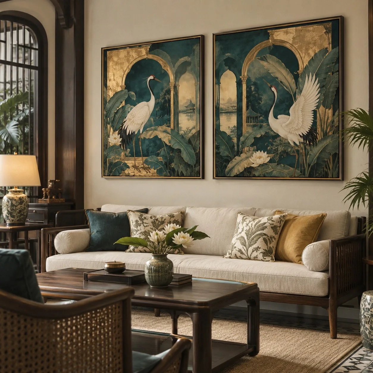 Tranh canvas Hạc Trắng Qua Ô Cửa Bộ 2 tấm - phòng khách