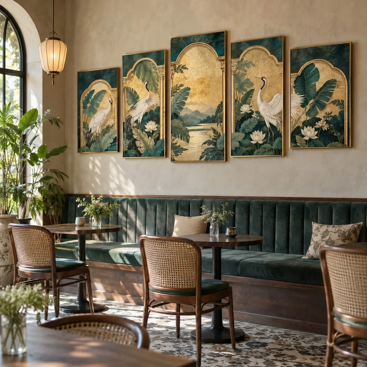Tranh canvas Indochine Ánh Sáng Ban Mai Bộ 5 tấm - quán cà phê hoặc trà sữa