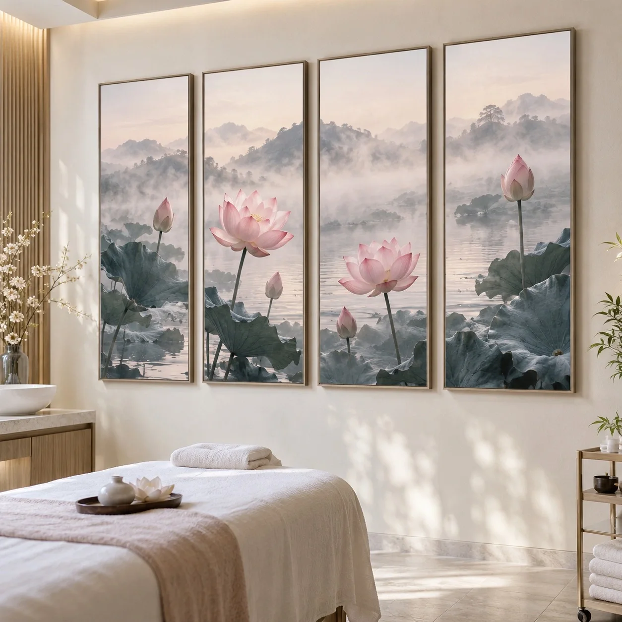 Tranh canvas Liên Hoa Sớm Mai Bộ 4 tấm - spa hoặc thẩm mỹ viện
