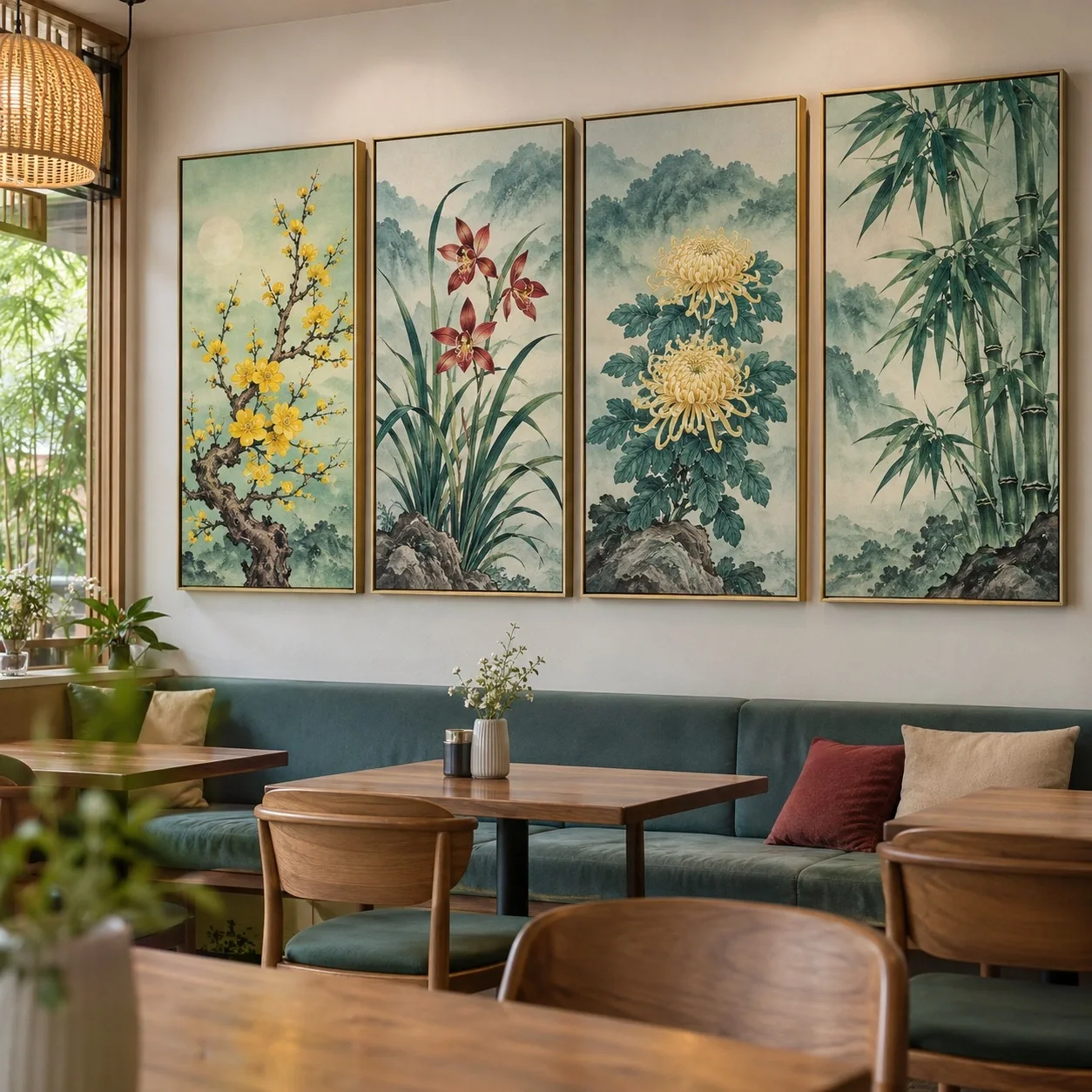 Tranh canvas Mai Lan Cúc Trúc Bốn Mùa Bộ 3 tấm - quán cà phê hoặc trà sữa