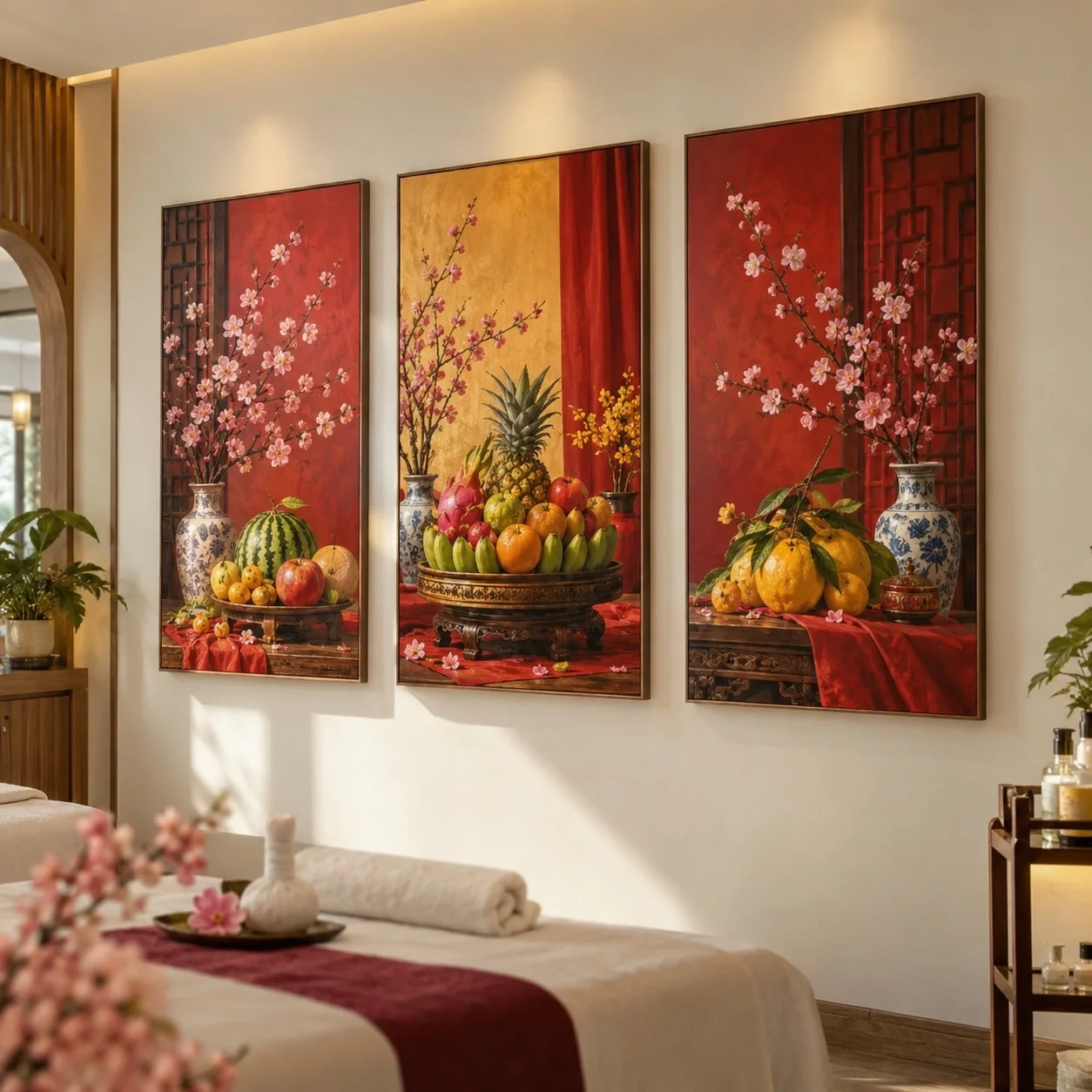 Tranh canvas Mâm Quả Ngày Sum Vầy Bộ 3 tấm - spa hoặc thẩm mỹ viện