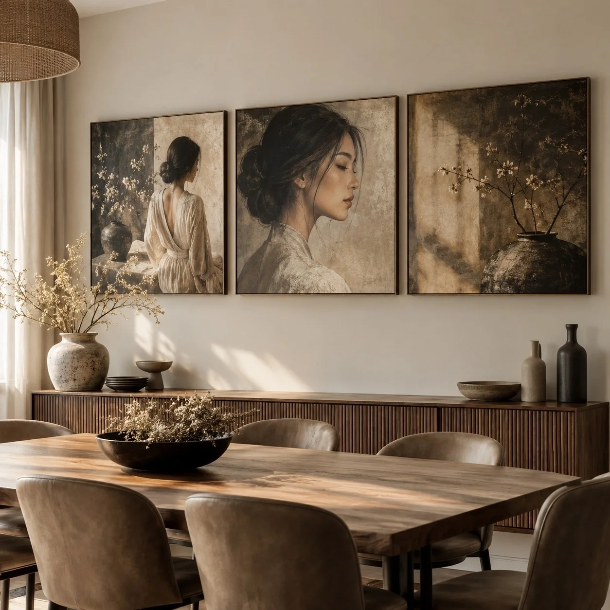 Tranh canvas Nàng Thơ Nghiêng Nắng Bộ 3 tấm - phòng ăn