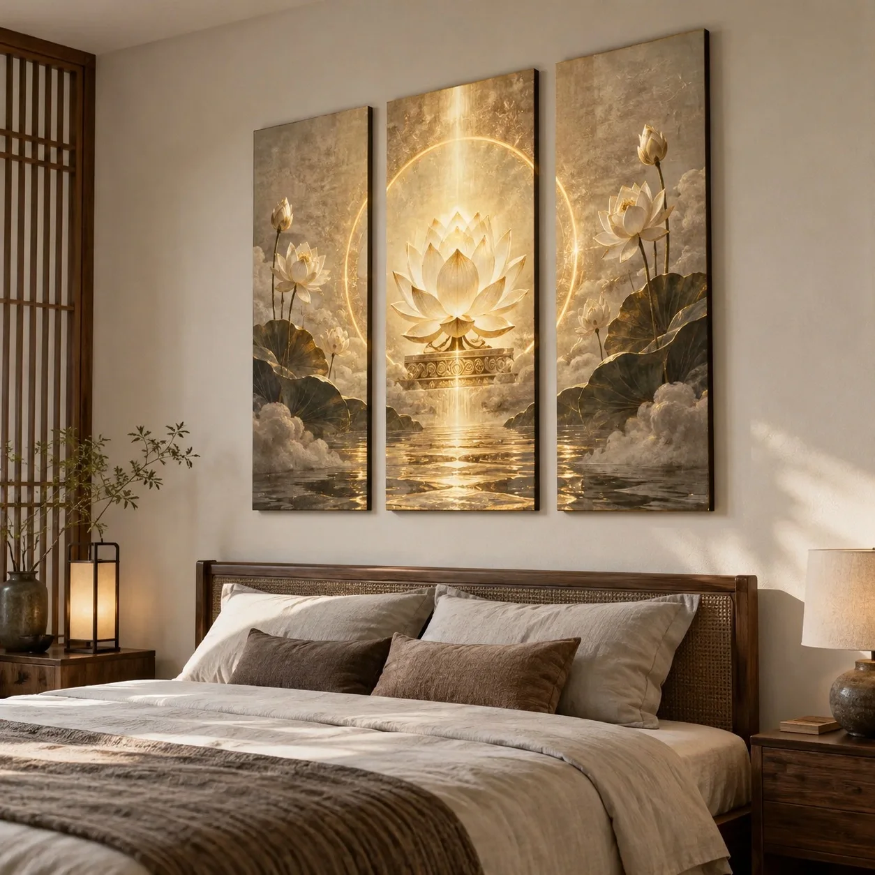 Tranh canvas Phật giáo Tông Màu Trung Tính Bộ 3 tấm - phòng ngủ