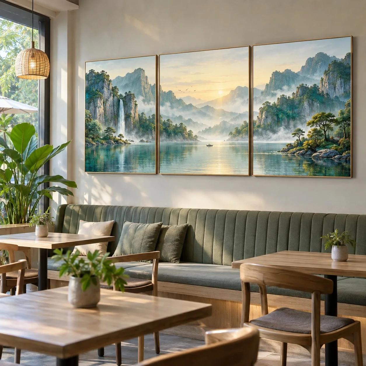 Tranh canvas Phong thủy Ánh Sáng Ban Mai Bộ 3 tấm - quán cà phê hoặc trà sữa