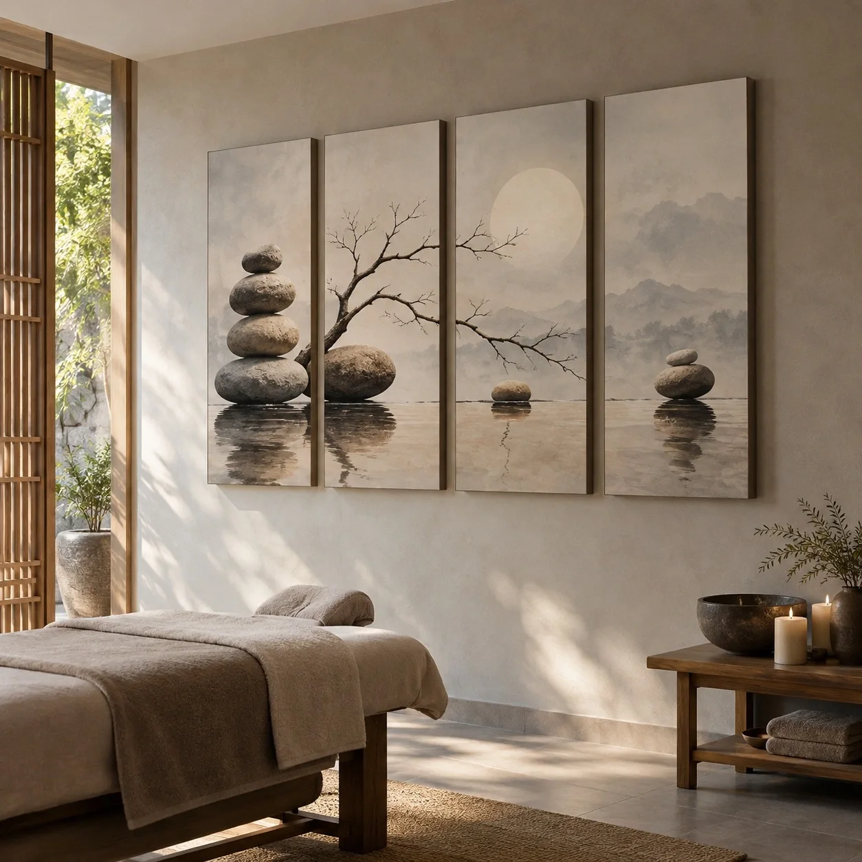Tranh canvas Phòng trà và thiền Ánh Sáng Ban Mai Bộ 4 tấm - spa hoặc thẩm mỹ viện