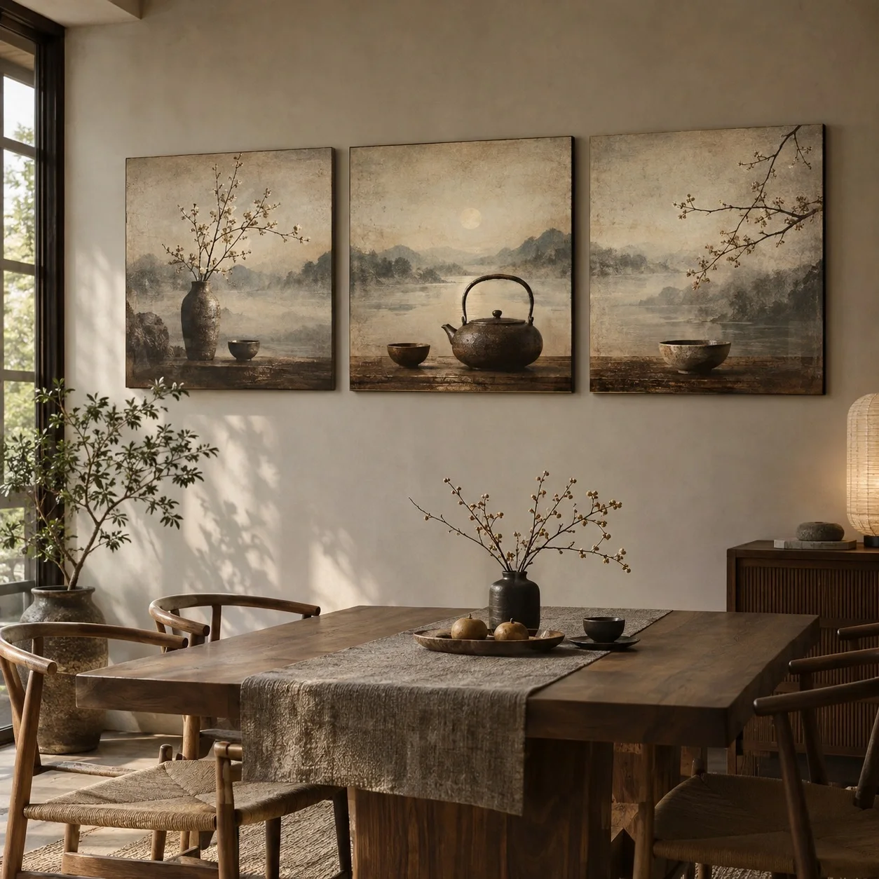 Tranh canvas Phòng trà và thiền Gam Màu Cổ Điển Bộ 3 tấm - phòng ăn