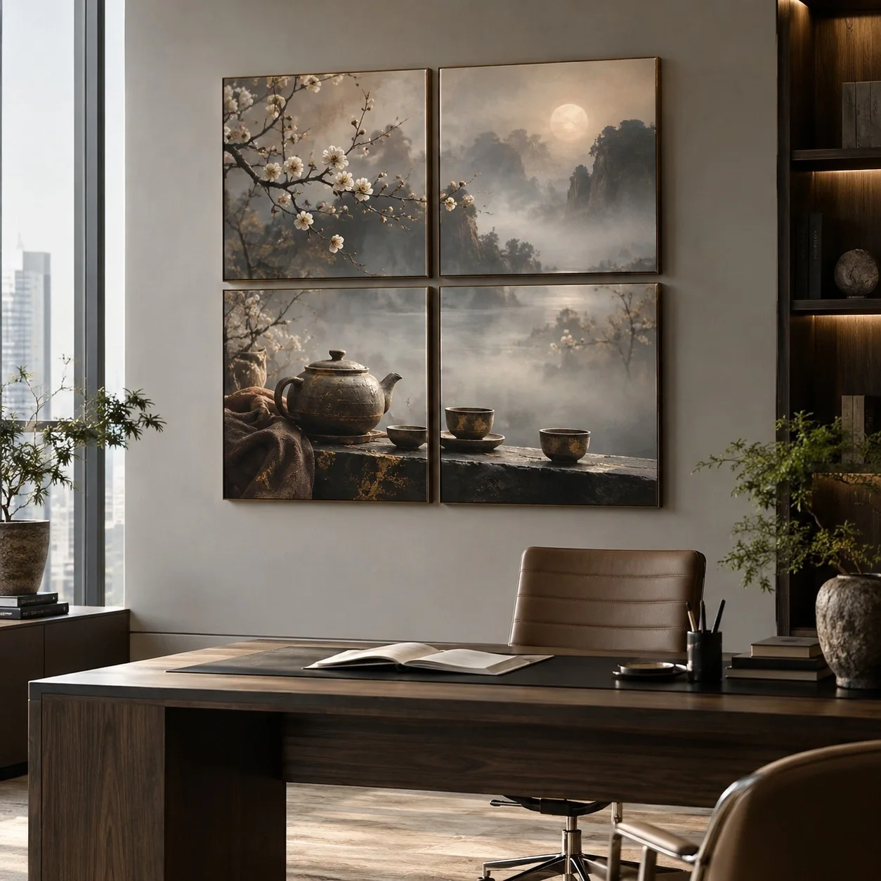 Tranh canvas Phòng trà và thiền Phiên Bản Sang Trọng Bộ 4 tấm - văn phòng doanh nghiệp