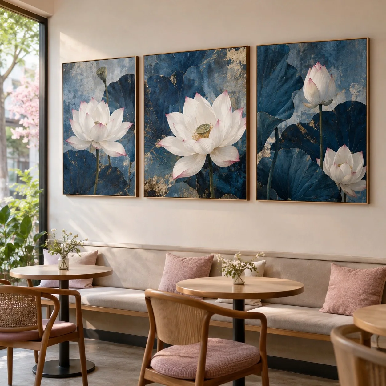 Tranh canvas Sen Trắng Trên Nền Chàm Bộ 3 tấm - quán cà phê hoặc trà sữa