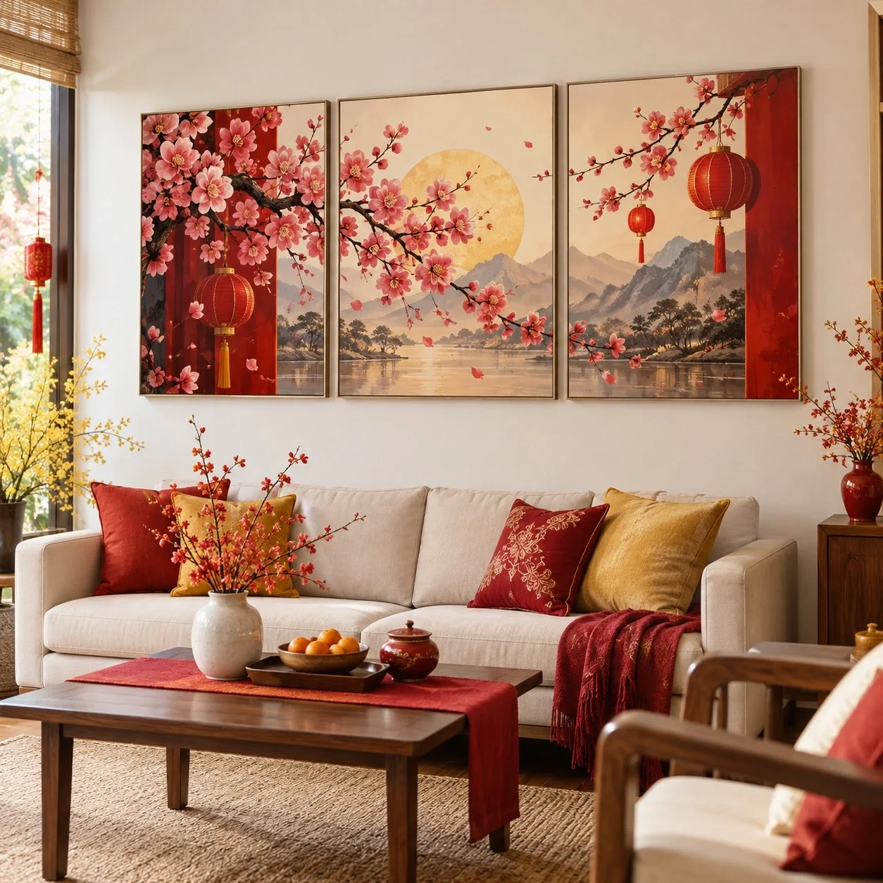 Tranh canvas Tết Đường Nét Đương Đại Bộ 3 tấm - phòng khách