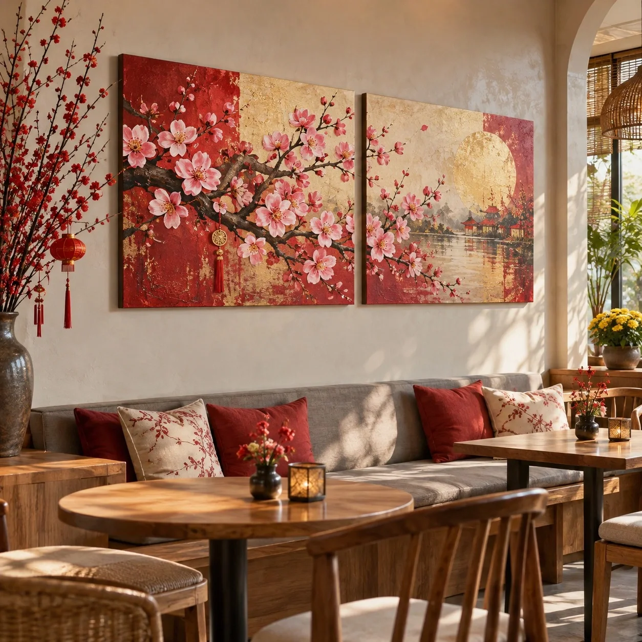 Tranh canvas Tết Sắc Màu Khoáng Chất Bộ 2 tấm - quán cà phê hoặc trà sữa