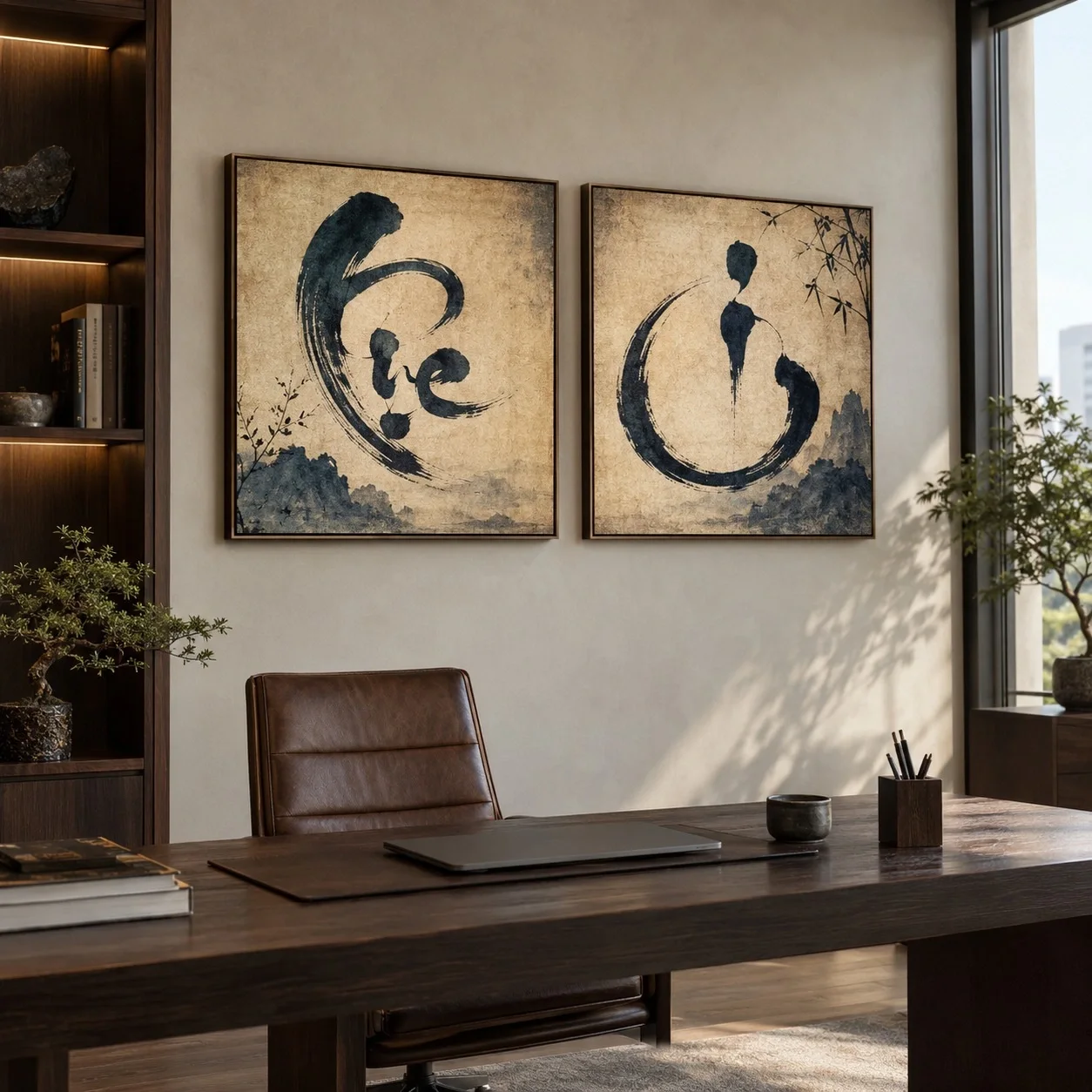 Tranh canvas Thư pháp Gam Màu Cổ Điển Bộ 2 tấm - văn phòng doanh nghiệp