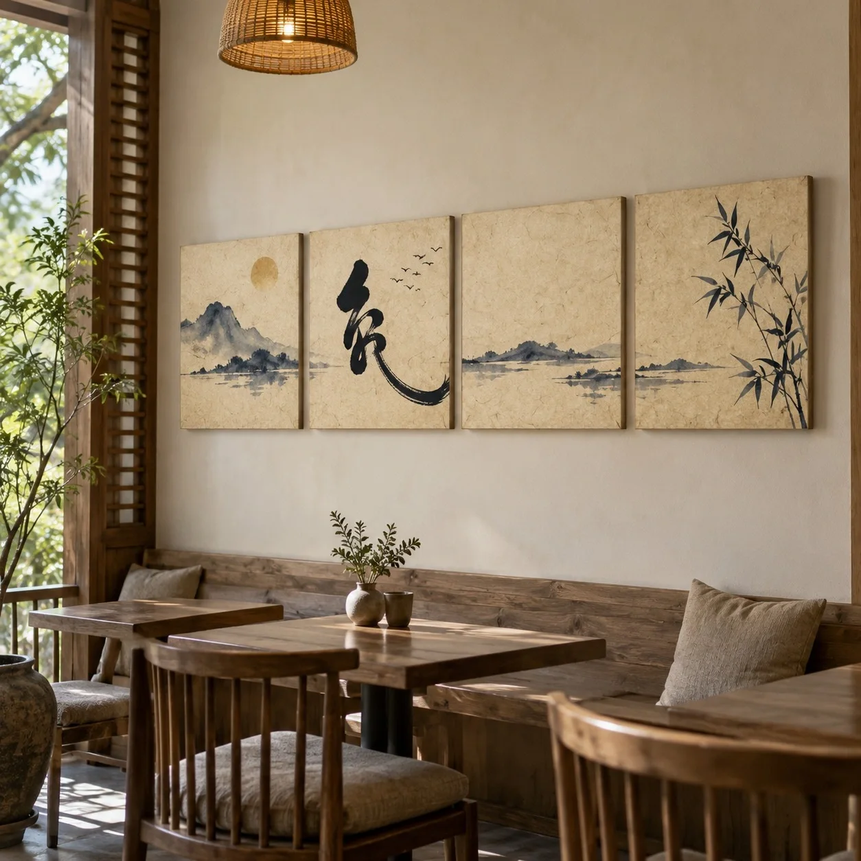 Tranh canvas Thư pháp Phong Cách Tối Giản Bộ 4 tấm - quán cà phê hoặc trà sữa