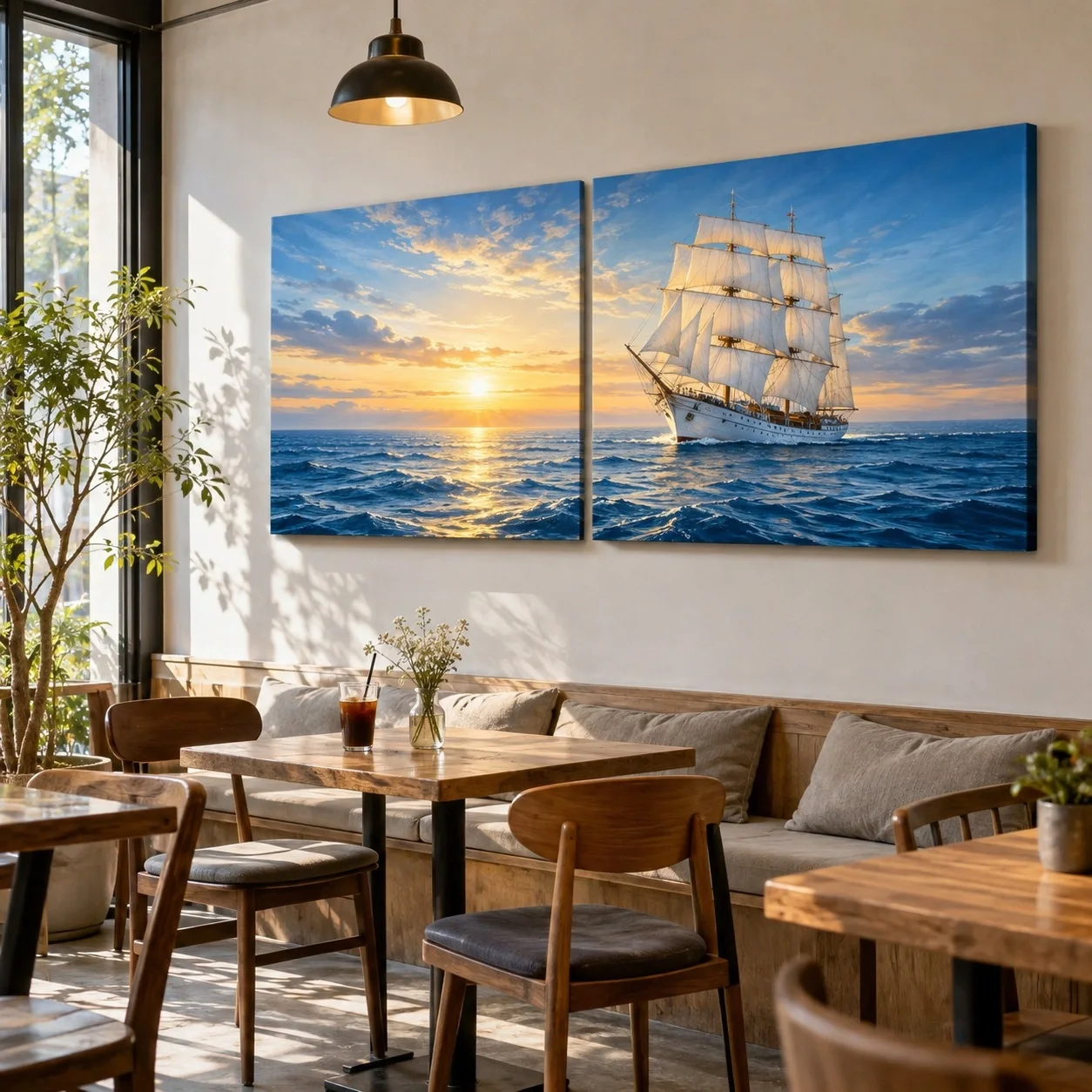 Tranh canvas Thuận buồm xuôi gió Đường Nét Đương Đại Bộ 2 tấm - quán cà phê hoặc trà sữa