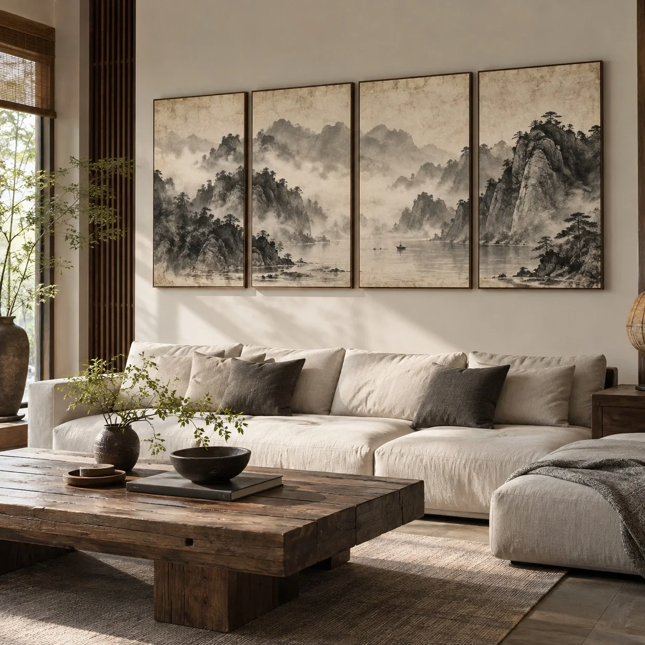 Tranh canvas Thủy mặc Gam Màu Cổ Điển Bộ 4 tấm - phòng khách