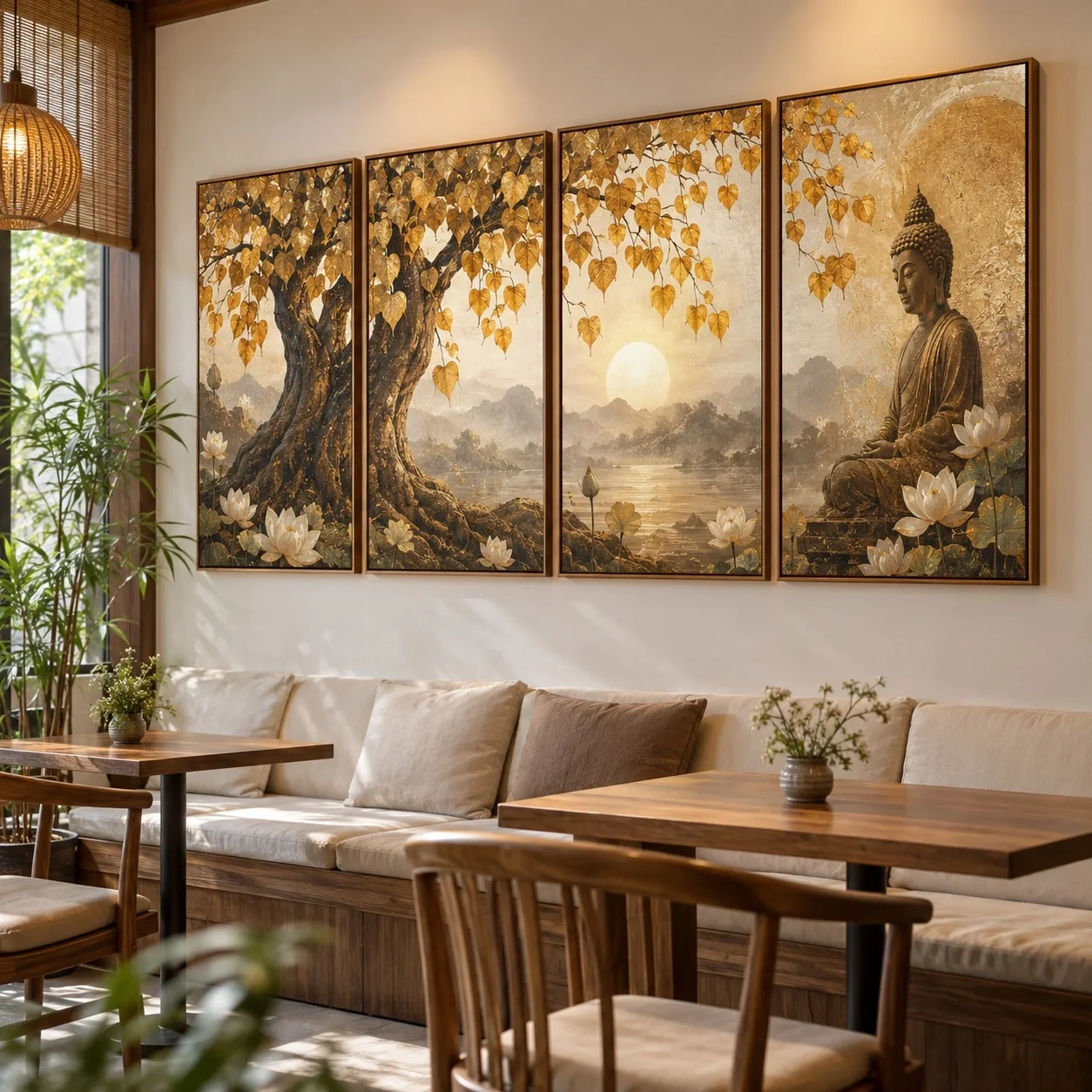 Tranh canvas Tĩnh Tâm Dưới Tán Bồ Đề Bộ 4 tấm - quán cà phê hoặc trà sữa
