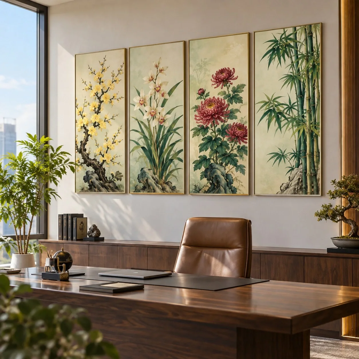 Tranh canvas Tứ quý Ánh Sáng Ban Mai Bộ 3 tấm - văn phòng doanh nghiệp