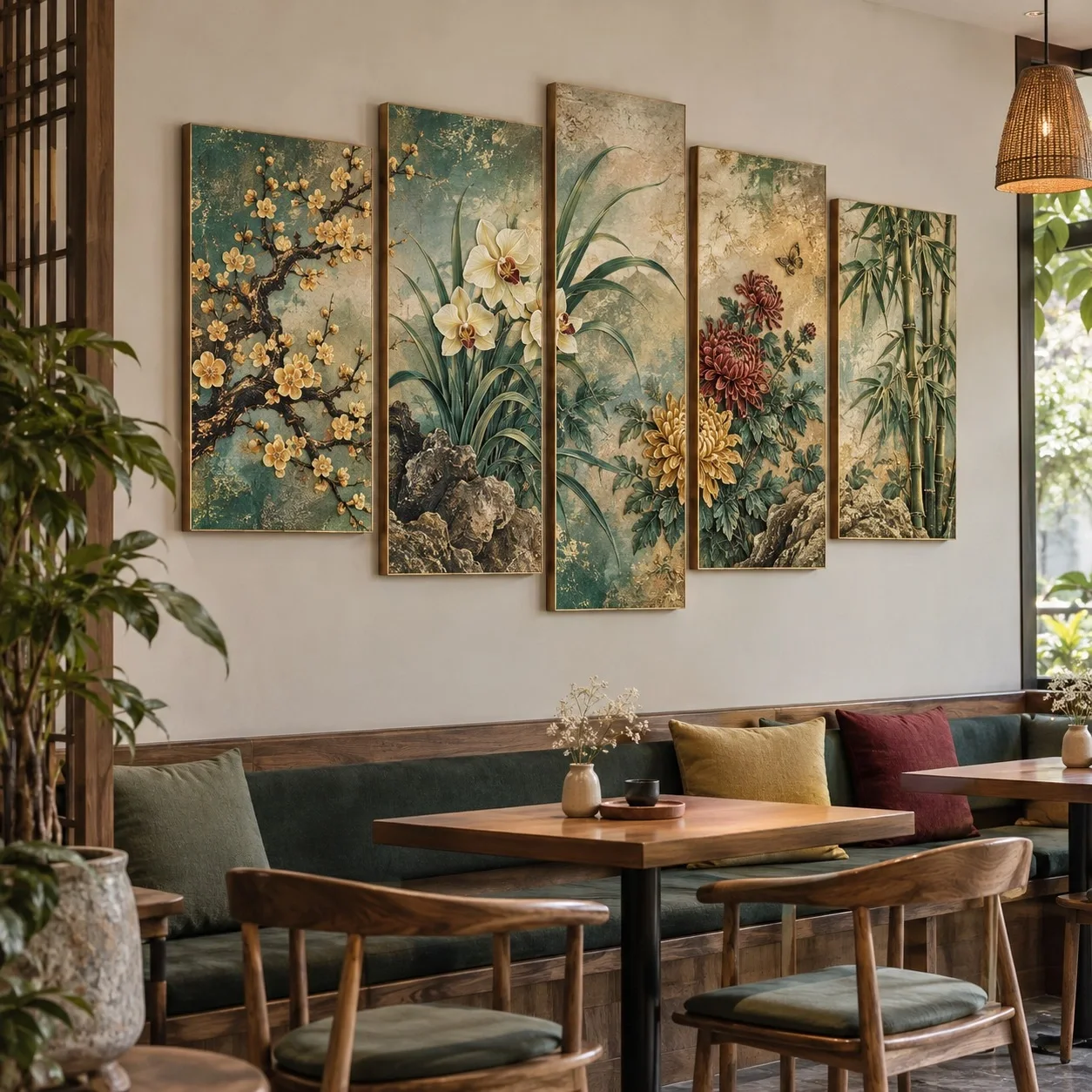 Tranh canvas Tứ quý Sắc Màu Khoáng Chất Bộ 5 tấm - quán cà phê hoặc trà sữa