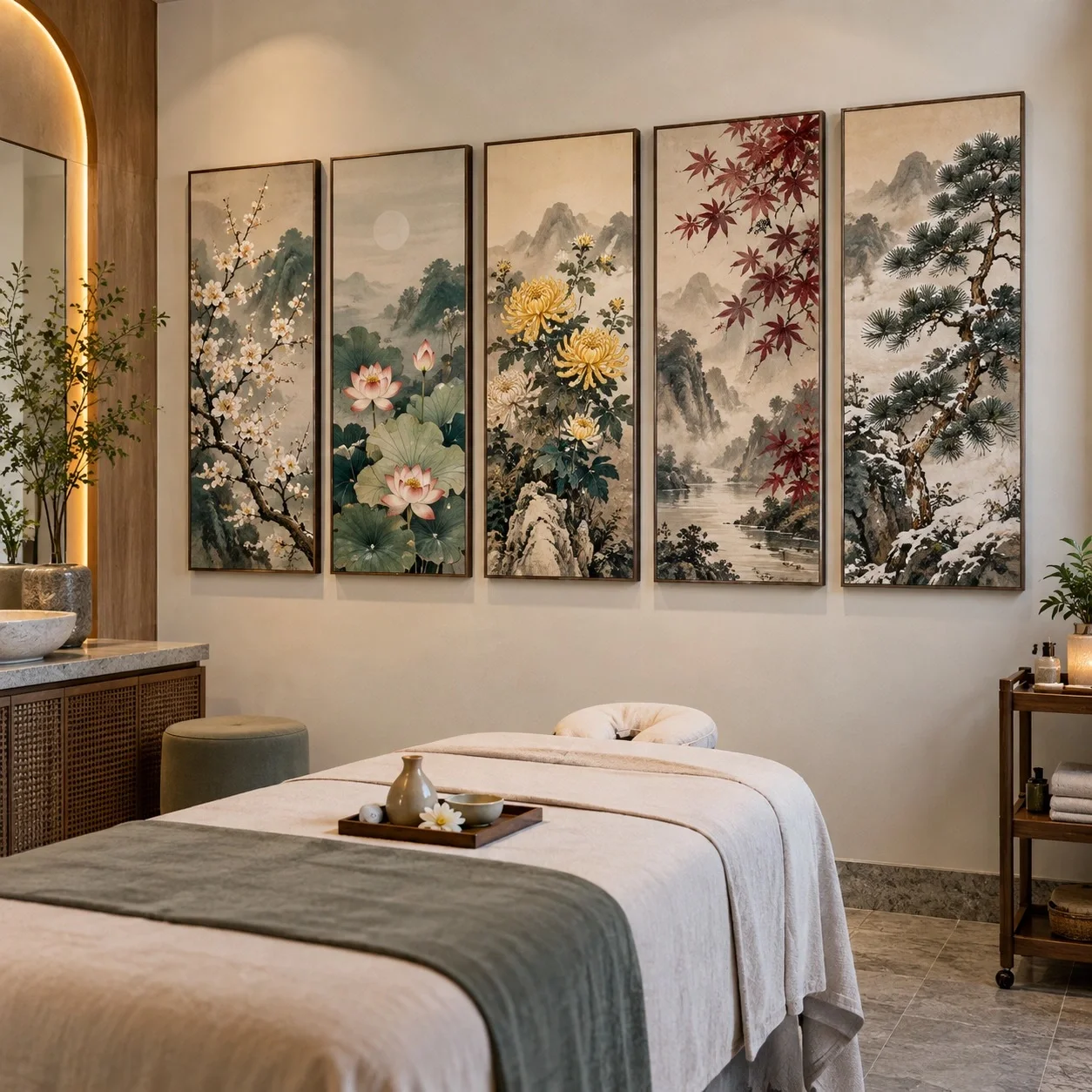 Tranh canvas Tứ quý Tông Màu Trung Tính Bộ 5 tấm - spa hoặc thẩm mỹ viện