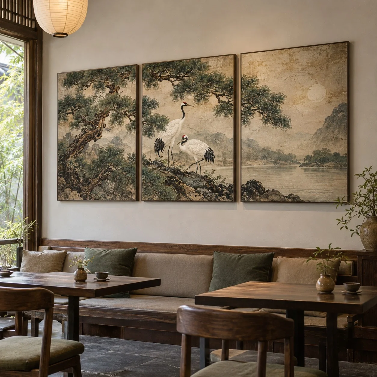 Tranh canvas Tùng hạc diên niên Gam Màu Cổ Điển Bộ 3 tấm - quán cà phê hoặc trà sữa