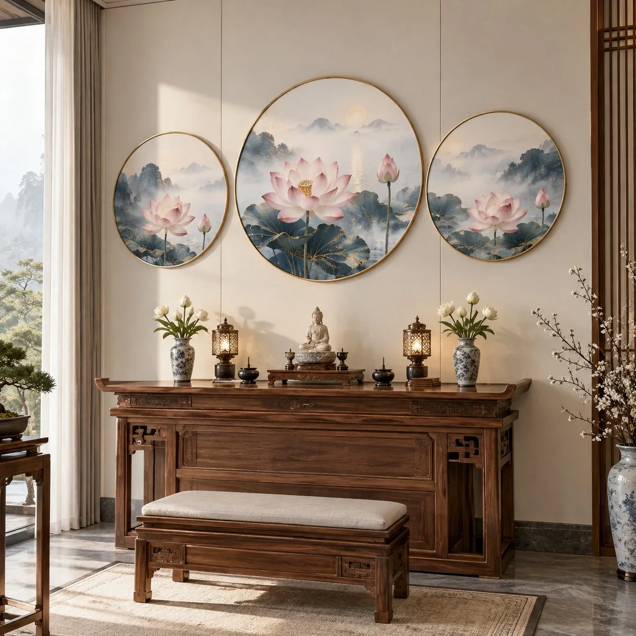 Tranh dán tường Hoa sen Phiên Bản Sang Trọng Bộ 3 tấm - phòng thờ