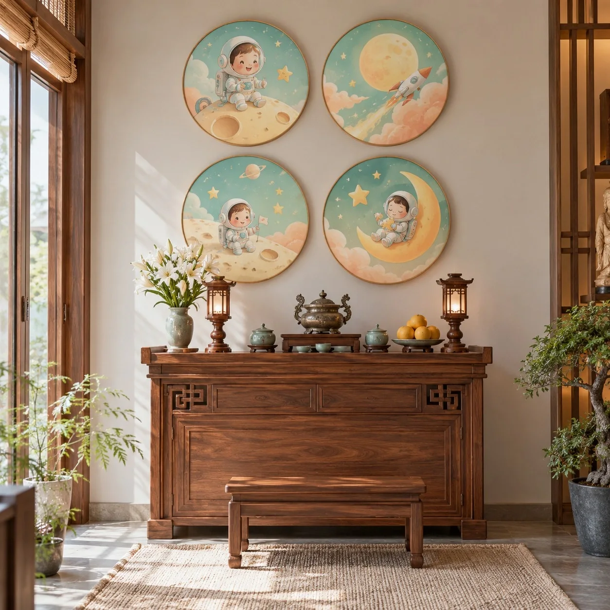 Tranh dán tường Hoạt hình Ánh Sáng Ban Mai Bộ 4 tấm - phòng thờ
