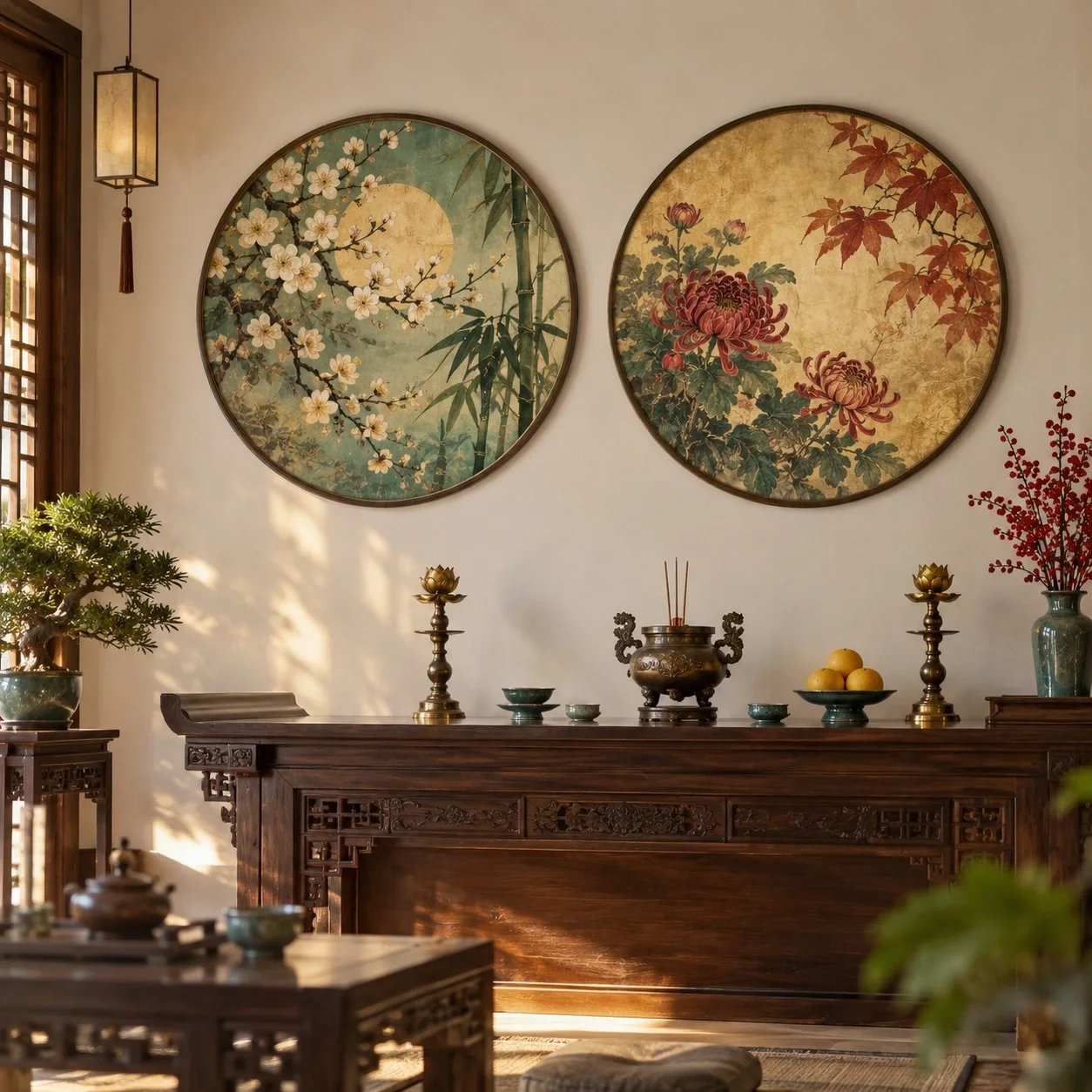 Tranh dán tường Tứ quý Gam Màu Cổ Điển Bộ 2 tấm - phòng thờ