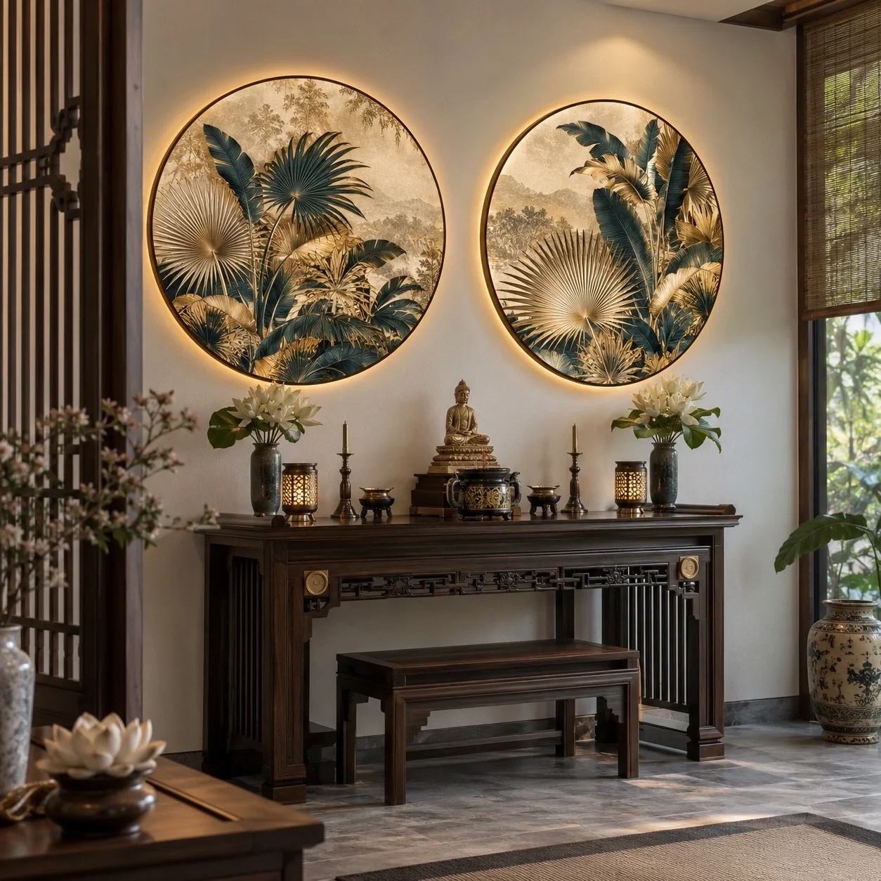 Tranh đèn LED Indochine Tông Màu Trung Tính Bộ 2 tấm - phòng thờ