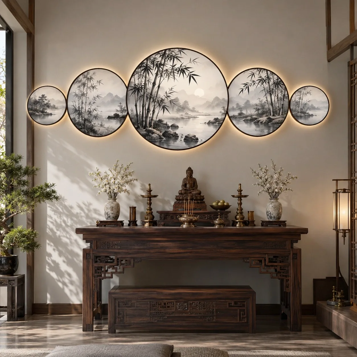 Tranh đèn LED Thủy mặc Ánh Sáng Ban Mai Bộ 5 tấm - phòng thờ