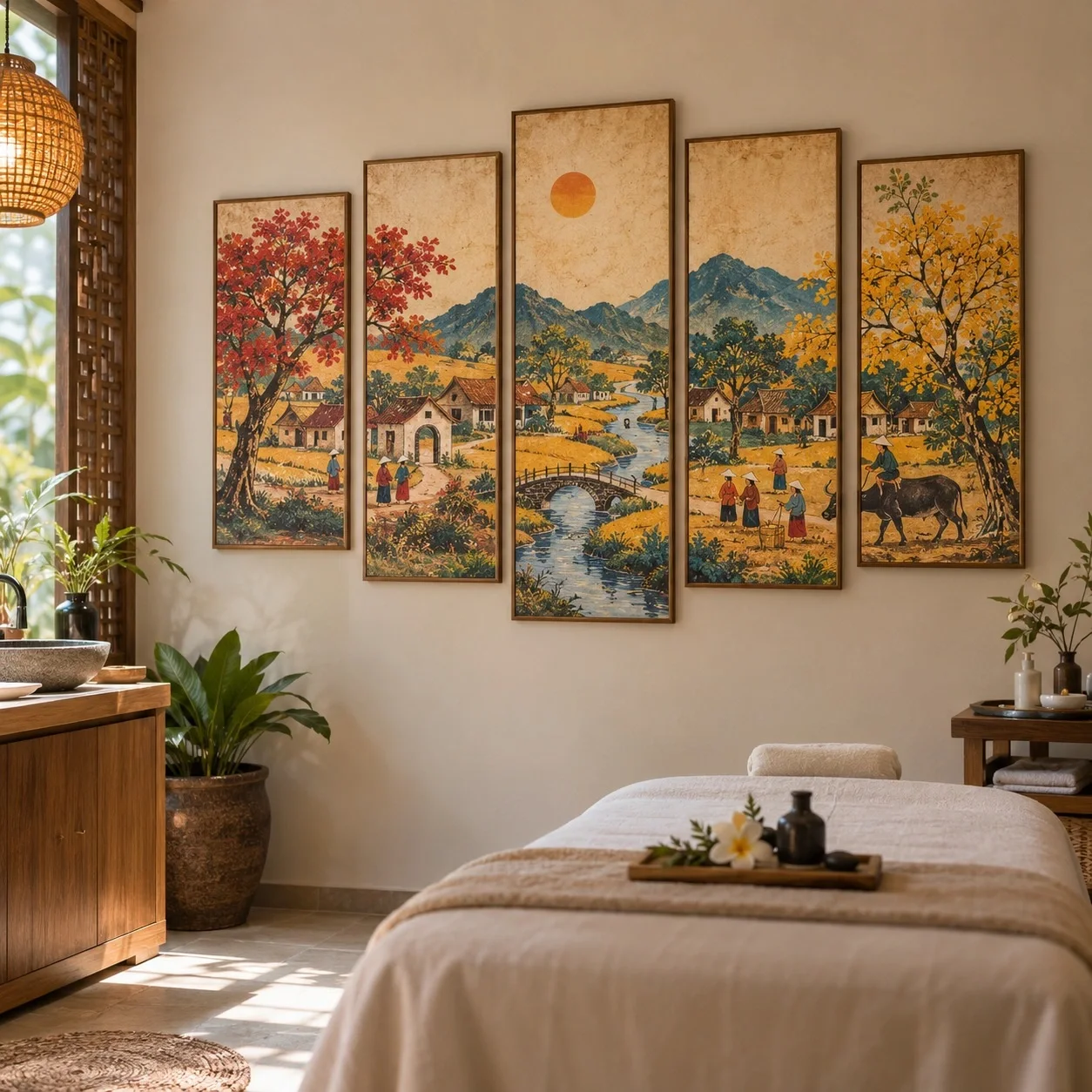 Tranh động lực Dân gian Đông Hồ Gam Màu Cổ Điển Bộ 5 tấm - spa hoặc thẩm mỹ viện