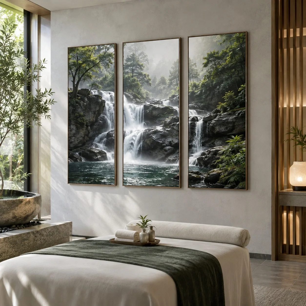 Tranh động lực Thác nước Sắc Màu Khoáng Chất Bộ 3 tấm - spa hoặc thẩm mỹ viện