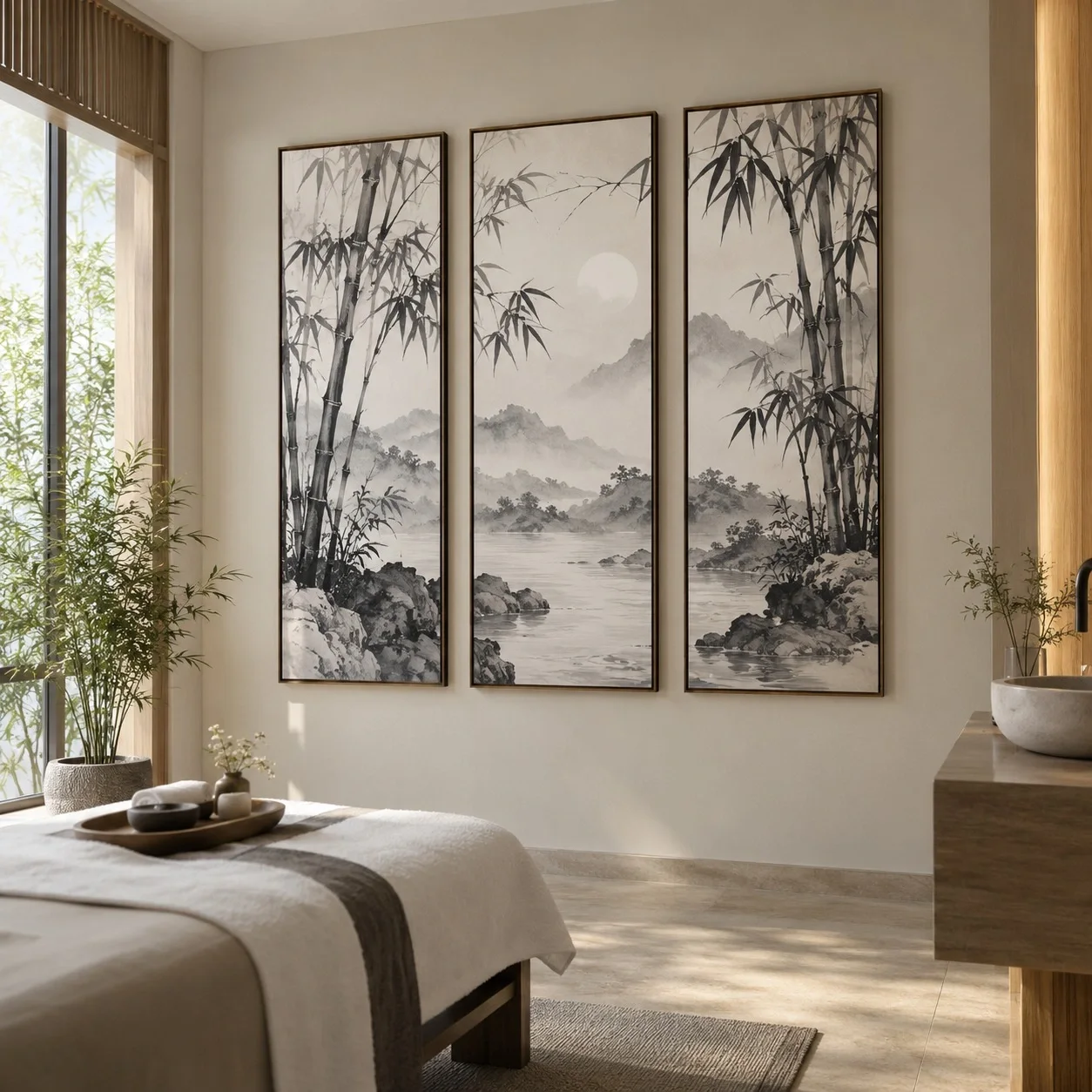 Tranh động lực Thủy mặc Đường Nét Đương Đại Bộ 3 tấm - spa hoặc thẩm mỹ viện