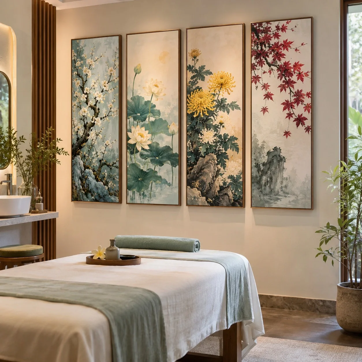 Tranh động lực Tứ Quý Mực Màu Bộ 4 tấm - spa hoặc thẩm mỹ viện